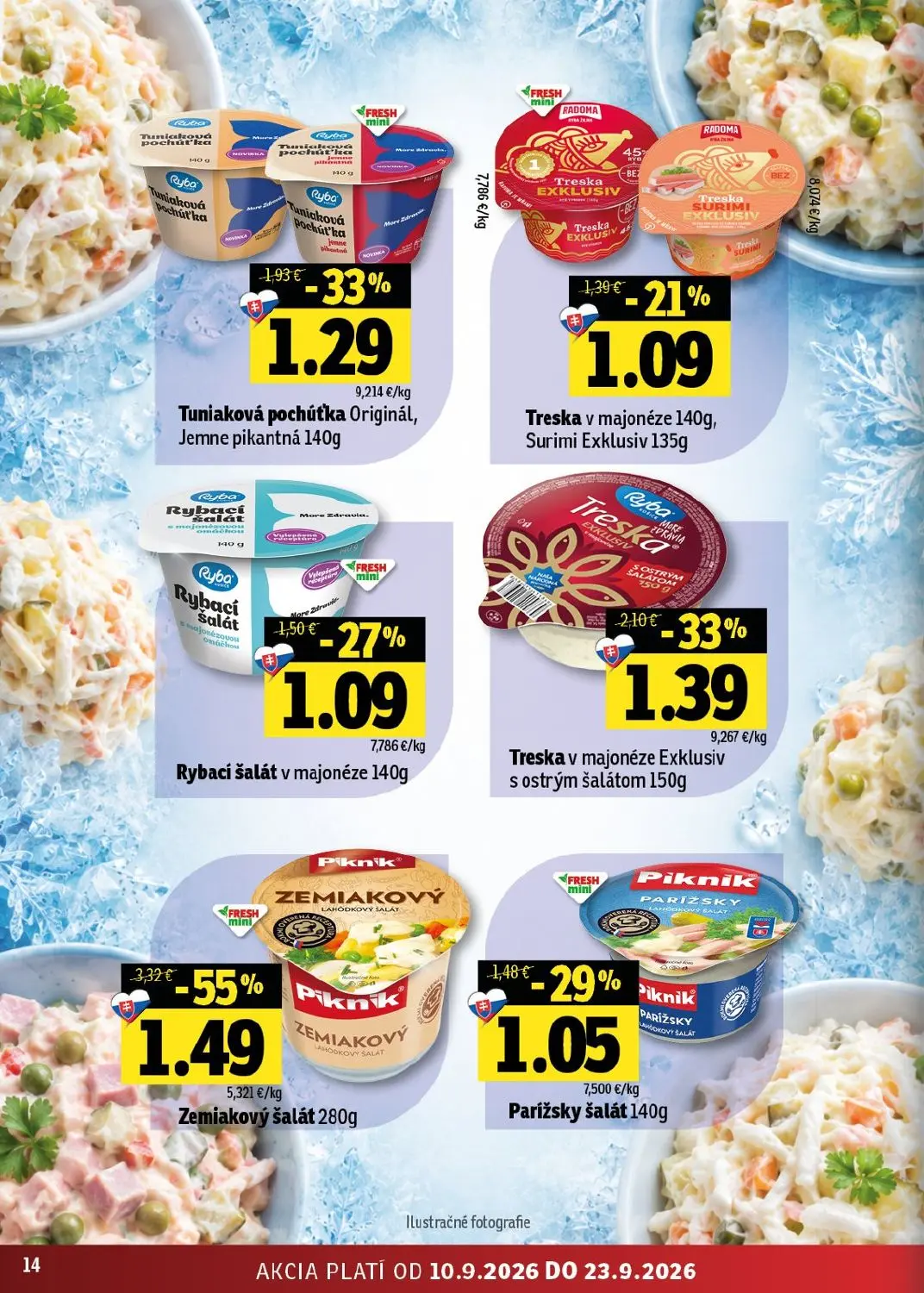 Fresh východ leták, strana 14 z 56 — Zemiakový šalát, Treska v majonéze Exklusiv s ostrým šalátom, Tuniaková pochúťka Origin…