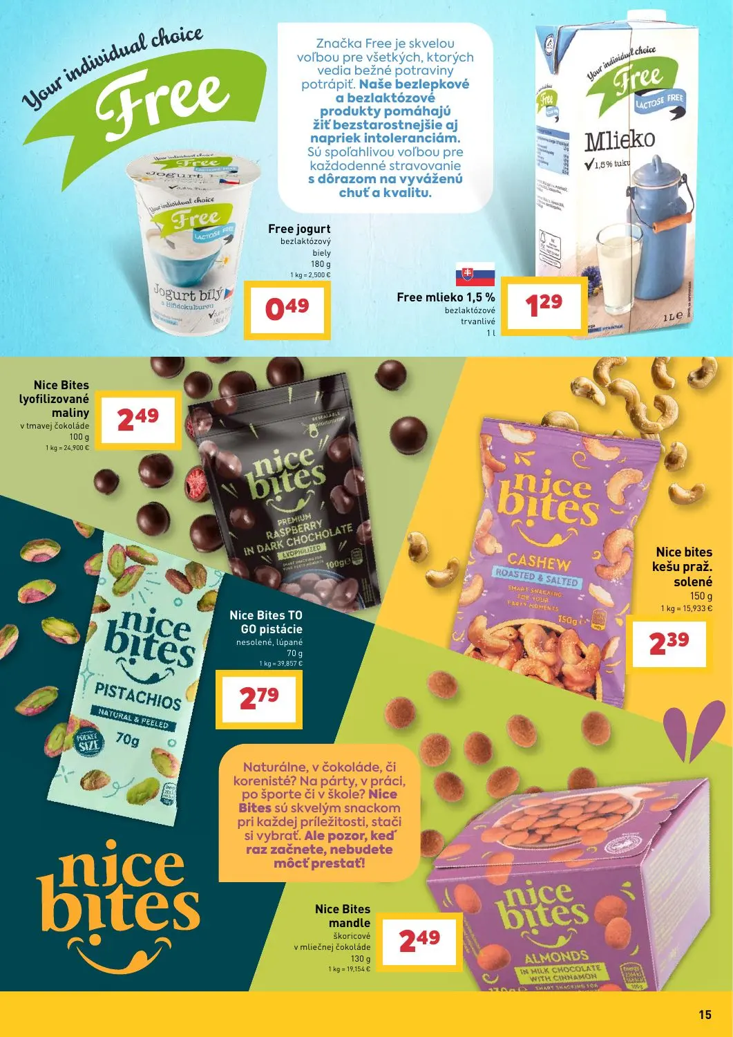 Billa leták, strana 15 z 31 — Free jogurt bezlaktózový biely, Free mlieko 1,5% bezlaktózové trvanlivé, Nice Bites lyofilizov…