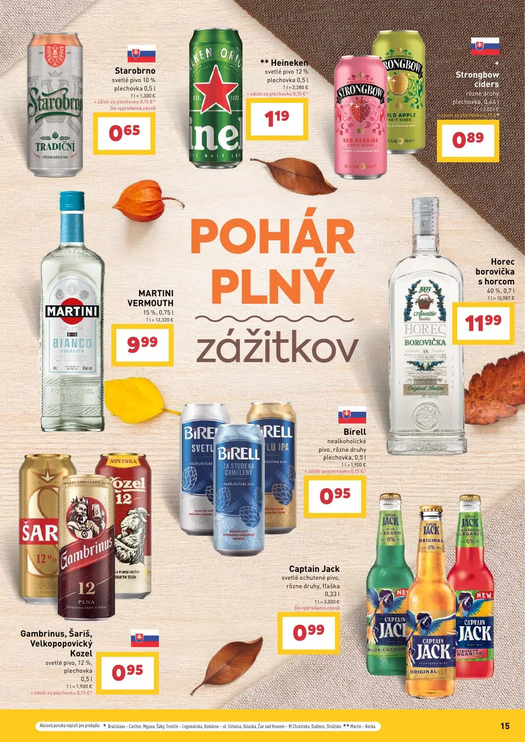 Billa leták, strana 15 z 16 — Starobrno svetlé pivo 10 % plechovka, Heineken svetlé pivo 12 % plechovka, Strongbow ciders rô…