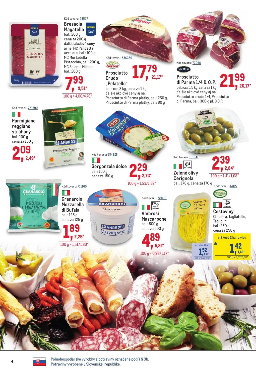 Metro leták, strana 4 z 40 — Cestoviny Chitarra, Tagliatelle, Tagliolini, Bresaola Magatello, Prosciutto Crudo „Pelatello"