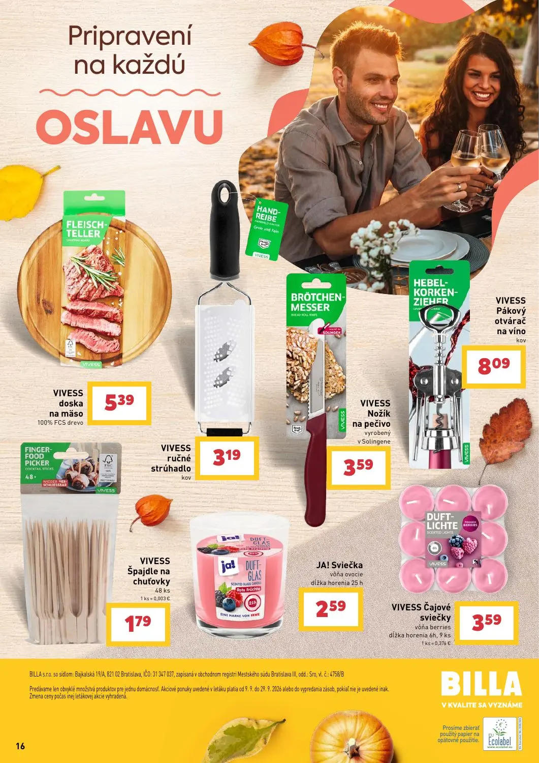 Billa leták, strana 16 z 16 — VIVESS doska na mäso, VIVESS ručné strúhadlo, VIVESS Nožík na pečivo