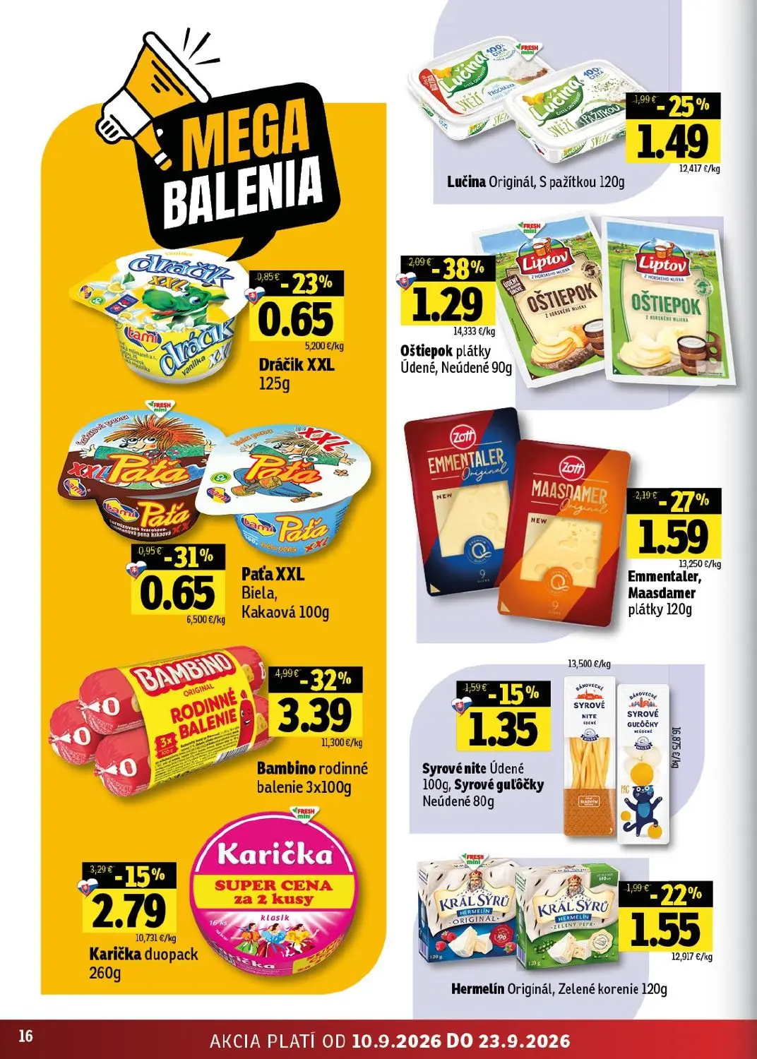 Fresh východ leták, strana 16 z 56 — Bambino rodinné balenie, Oštiepok plátky Údené, Neúdené, Emmentaler, Maasdamer plátky