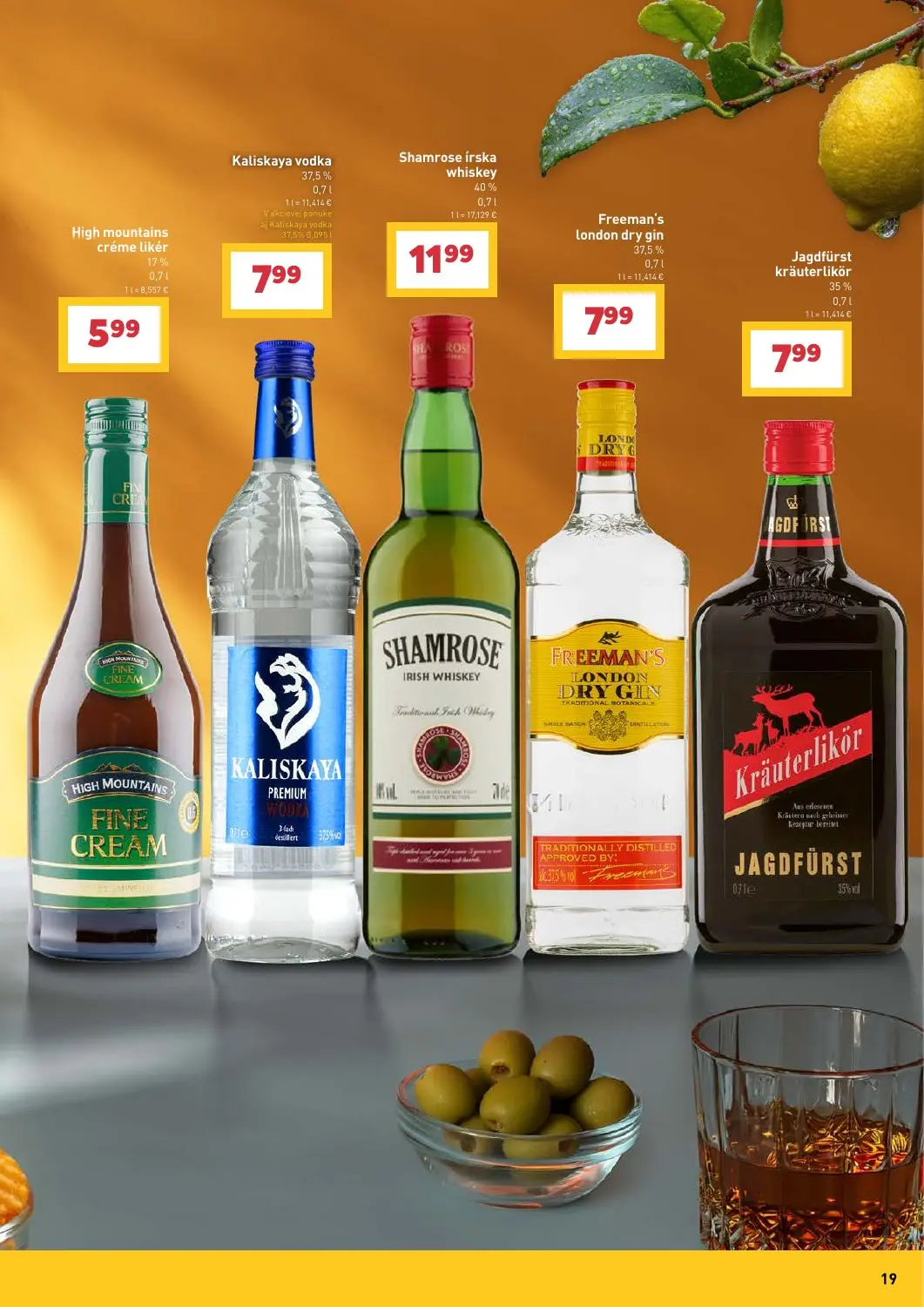Billa leták, strana 19 z 31 — High mountains créme likér, Kaliskaya vodka, Shamrose írska whiskey