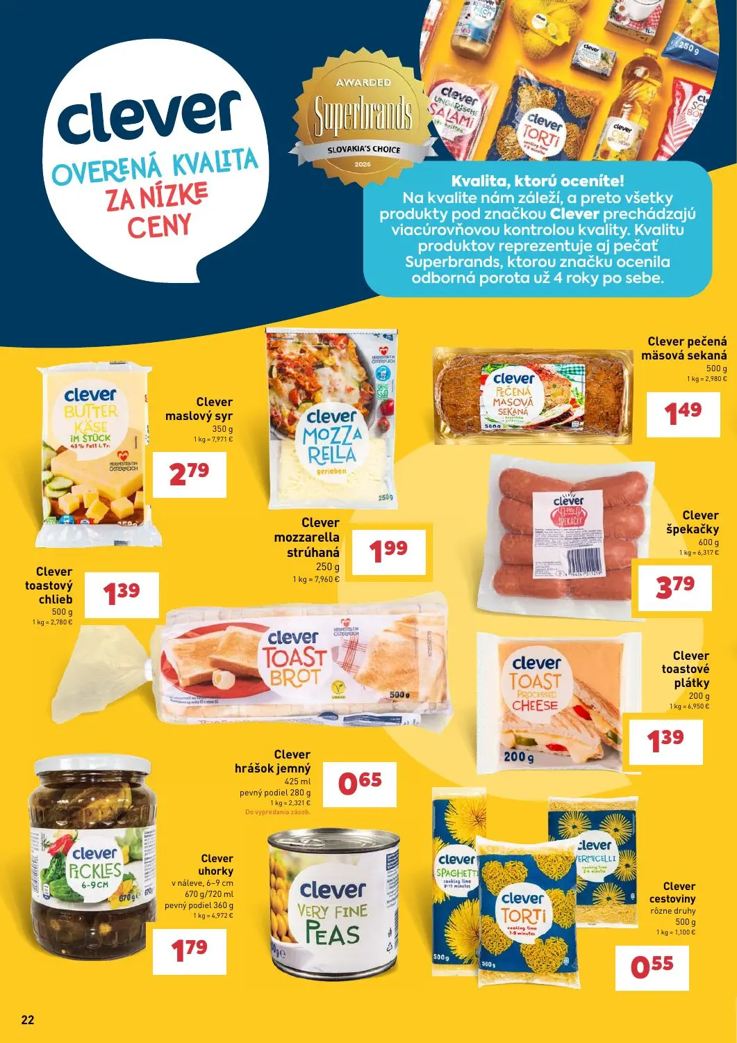 Billa leták, strana 22 z 31 — Clever maslový syr, Clever mozzarella strúhaná, Clever pečená mäsová sekaná