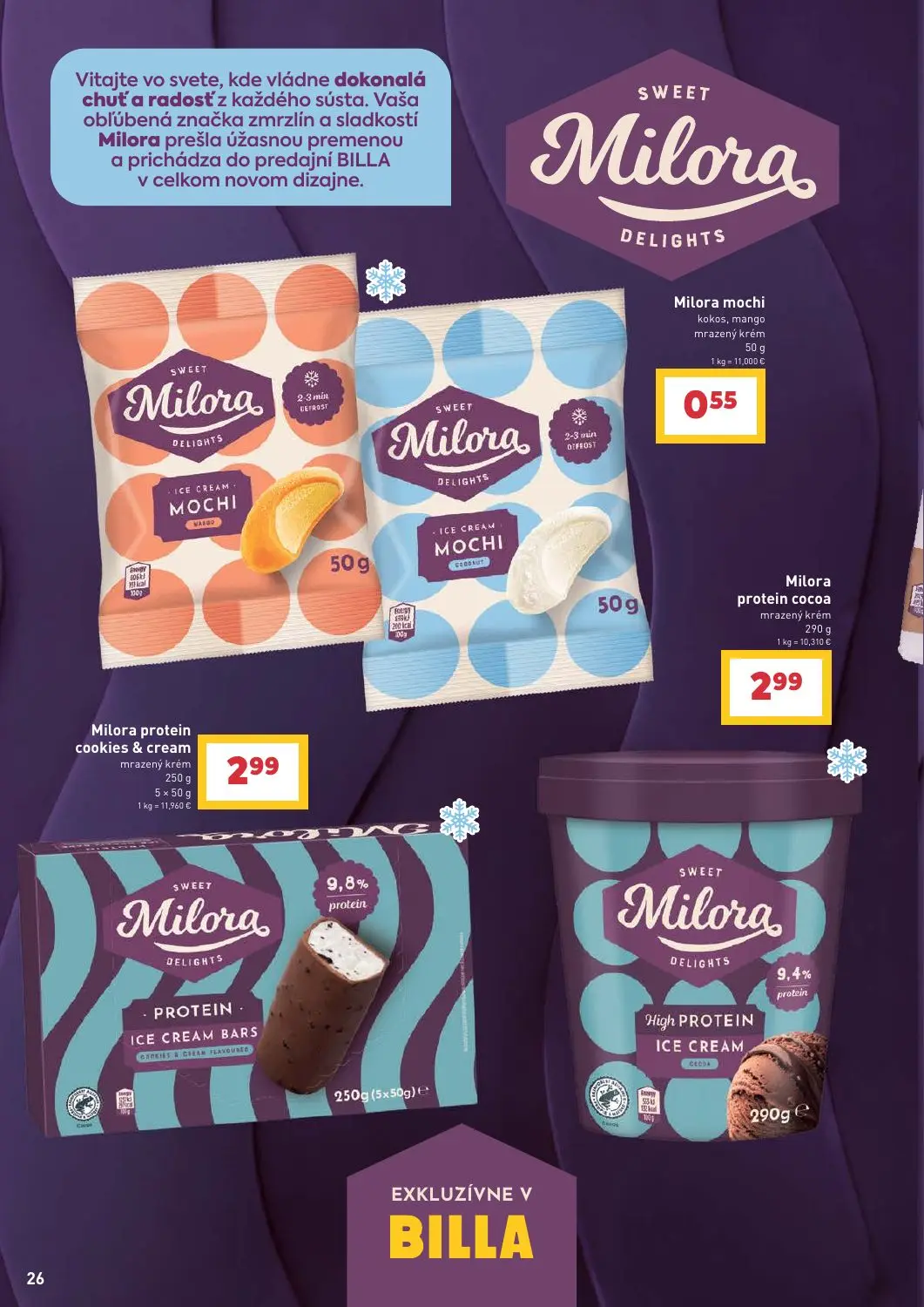 Billa leták, strana 26 z 31 — Milora mochi kokos, mango mrazený krém, Milora protein cookies & cream mrazený krém, Milora pr…