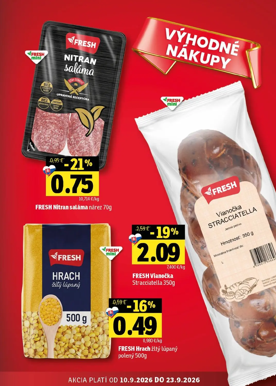Fresh východ leták, strana 25 z 56 — FRESH Vianočka Stracciatella, FRESH Nitran saláma nárez, FRESH Hrach žltý lúpaný polený