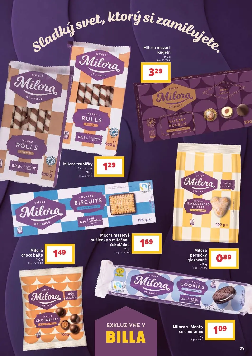 Billa leták, strana 27 z 31 — Milora mozart kugeln, Milora trubičky rôzne druhy, Milora maslové sušienky s mliečnou čokoládou