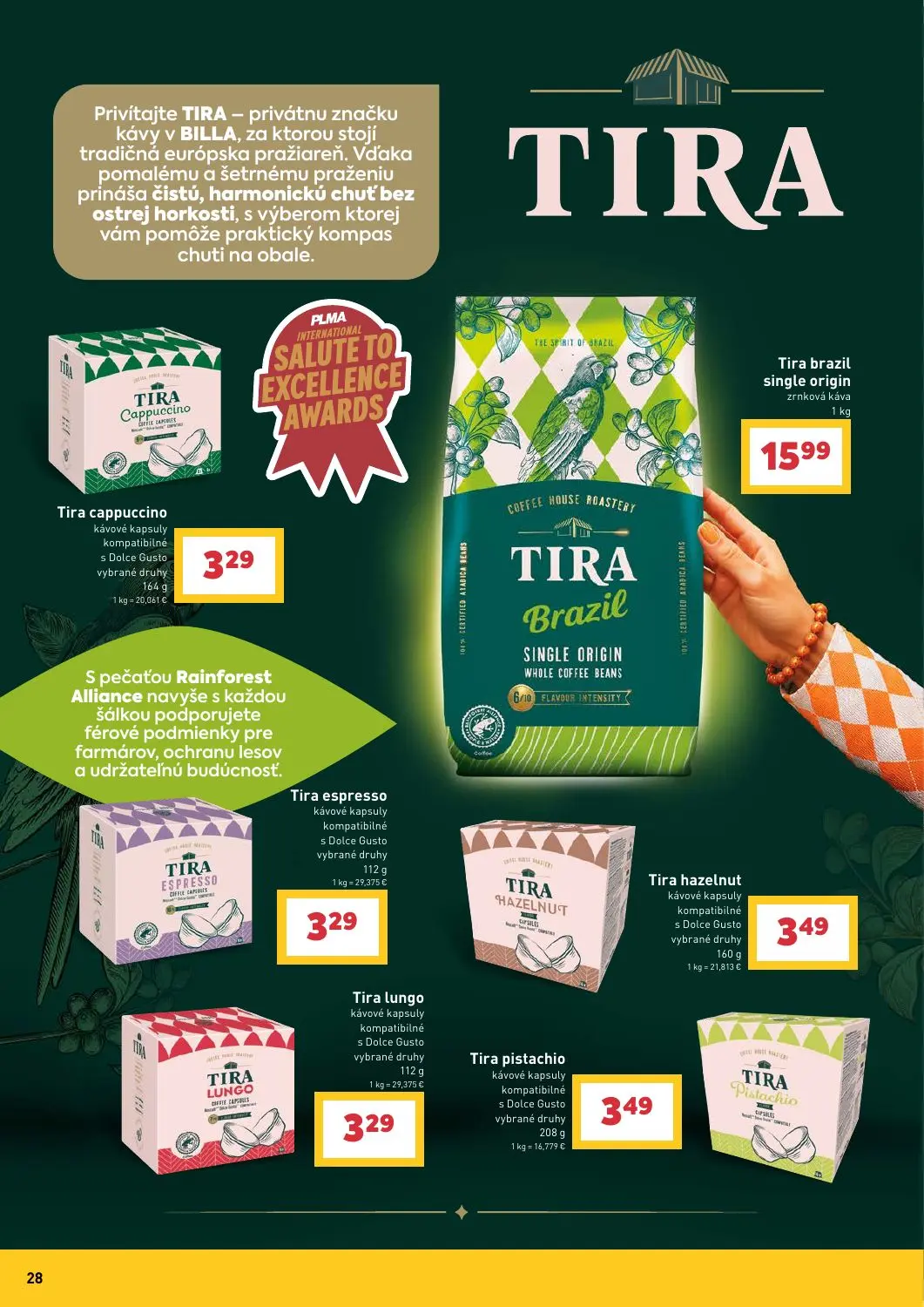 Billa leták, strana 28 z 31 — Tira cappuccino, Tira brazil single origin zrnková káva, Tira espresso