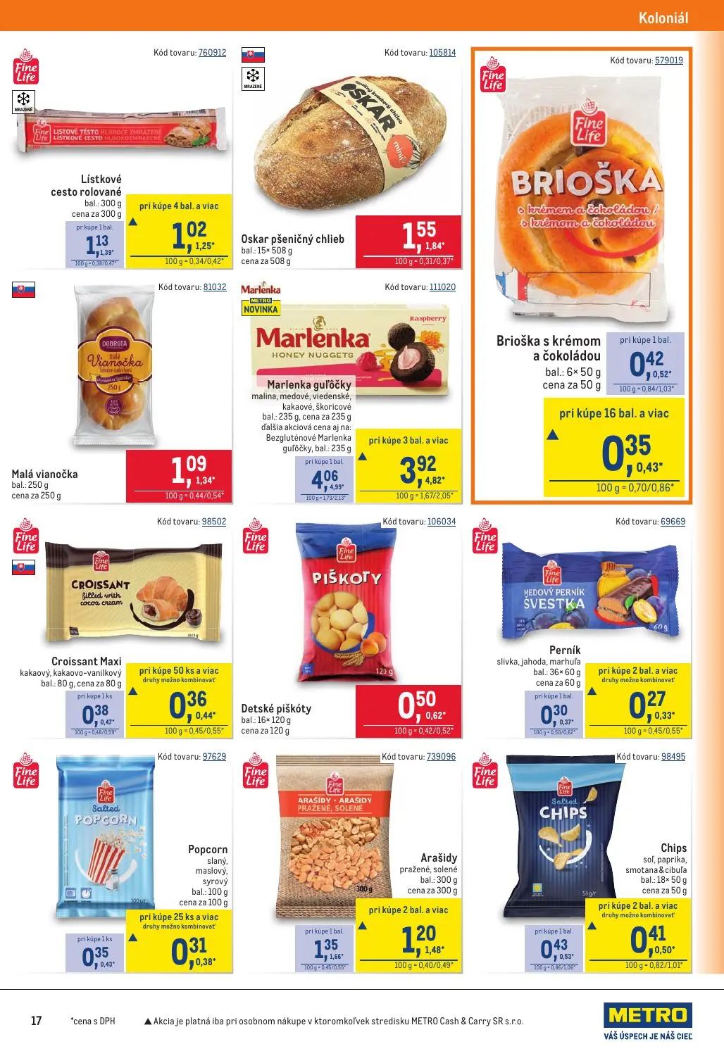 Metro leták, strana 17 z 40 — Arašidy pražené, solené, Marlenka guľôčky, Lístkové cesto rolované