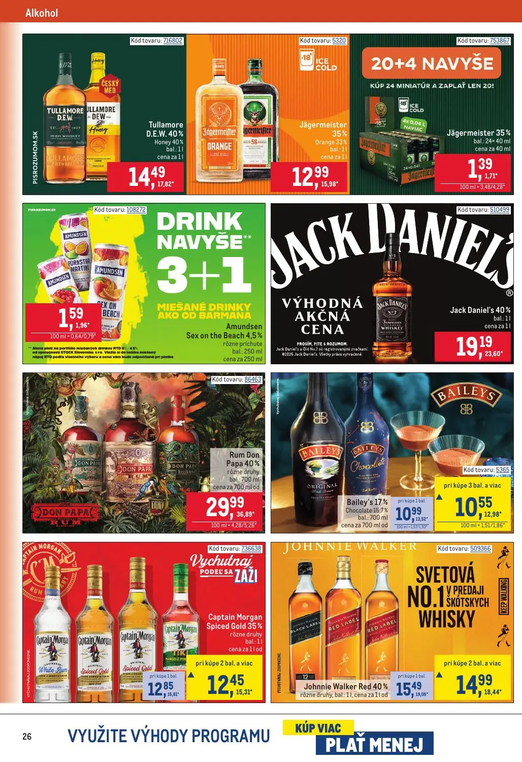 Metro leták, strana 26 z 32 — Johnnie Walker Red 40%, Bailey's 17% Chocolate 15,7%, Captain Morgan Spiced Gold 35%
