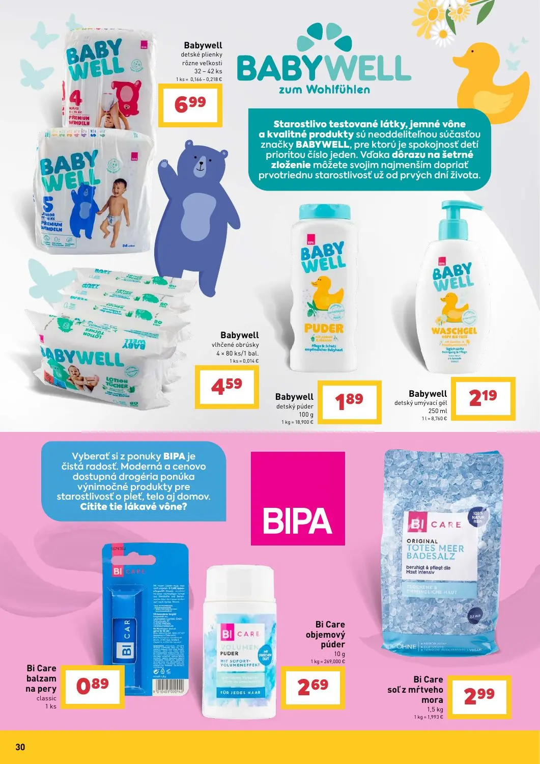 Billa leták, strana 30 z 31 — Babywell detské plienky, Babywell vlhčené obrúsky, Babywell detský púder
