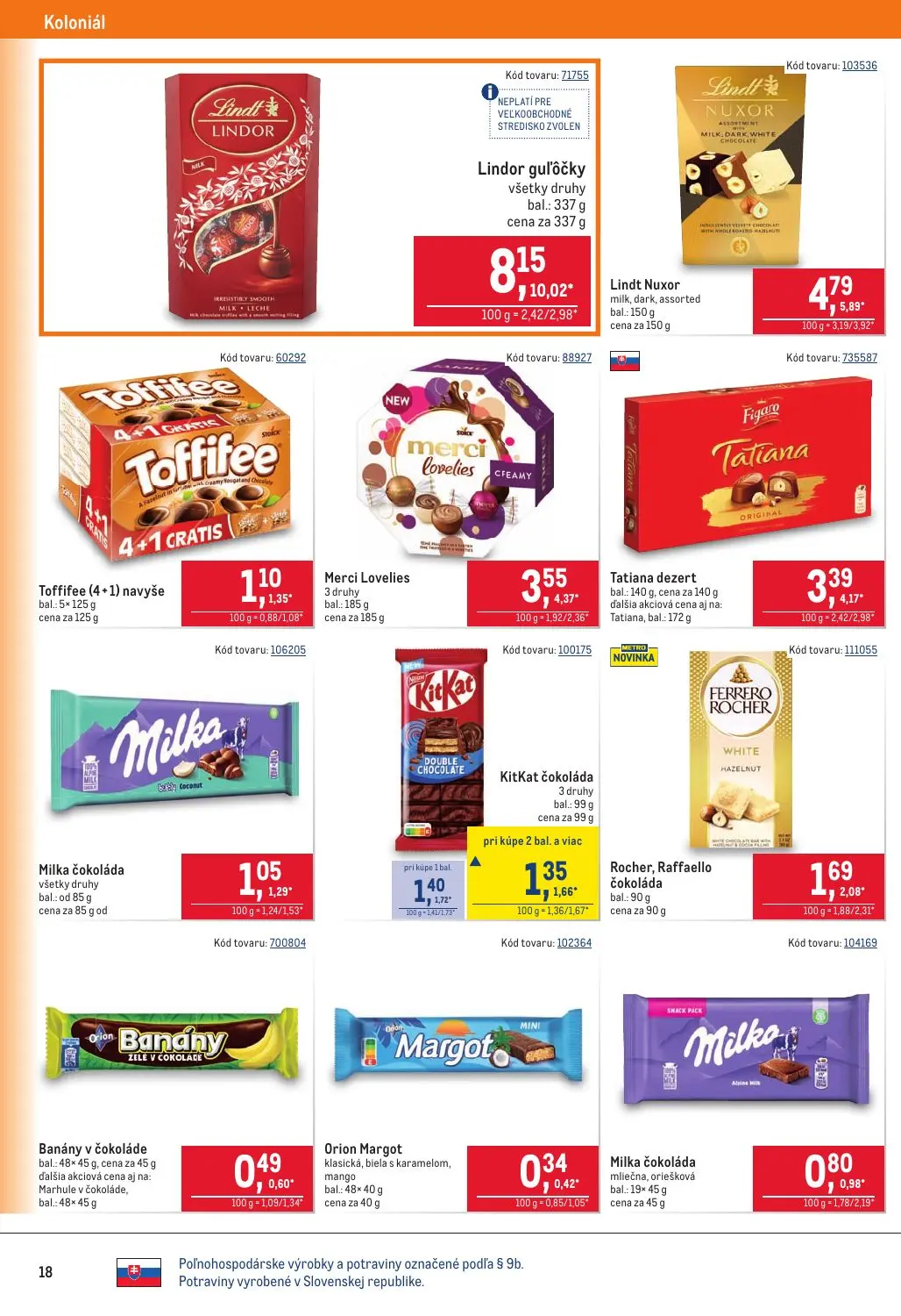 Metro leták, strana 18 z 40 — Lindor guľôčky všetky druhy, Lindt Nuxor milk, dark, assorted, Merci Lovelies 3 druhy