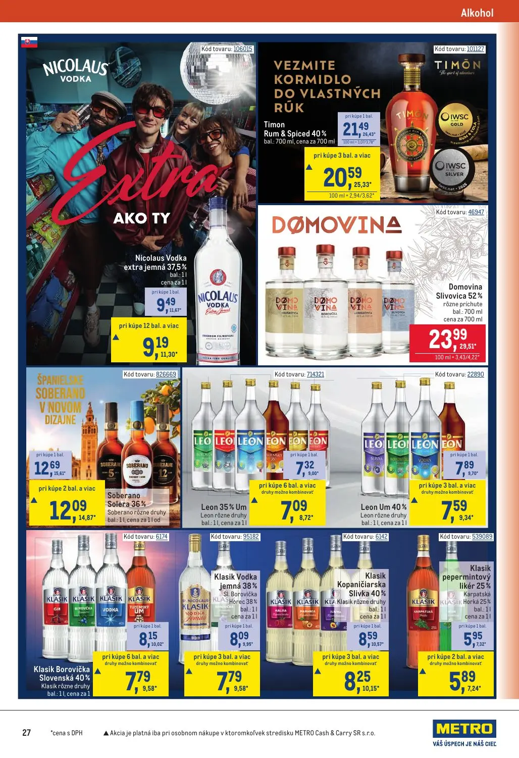 Metro leták, strana 27 z 32 — Timon Rum & Spiced 40%, Soberano Solera 36%, Klasik Borovička Slovenská 40%
