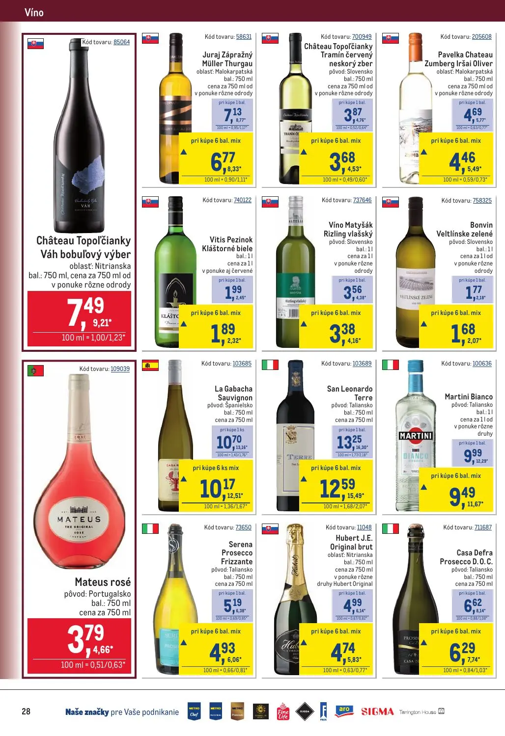Metro leták, strana 28 z 32 — San Leonardo Terre pôvod: Taliansko, La Gabacha Sauvignon pôvod: Španielsko, Martini Bianco pô…
