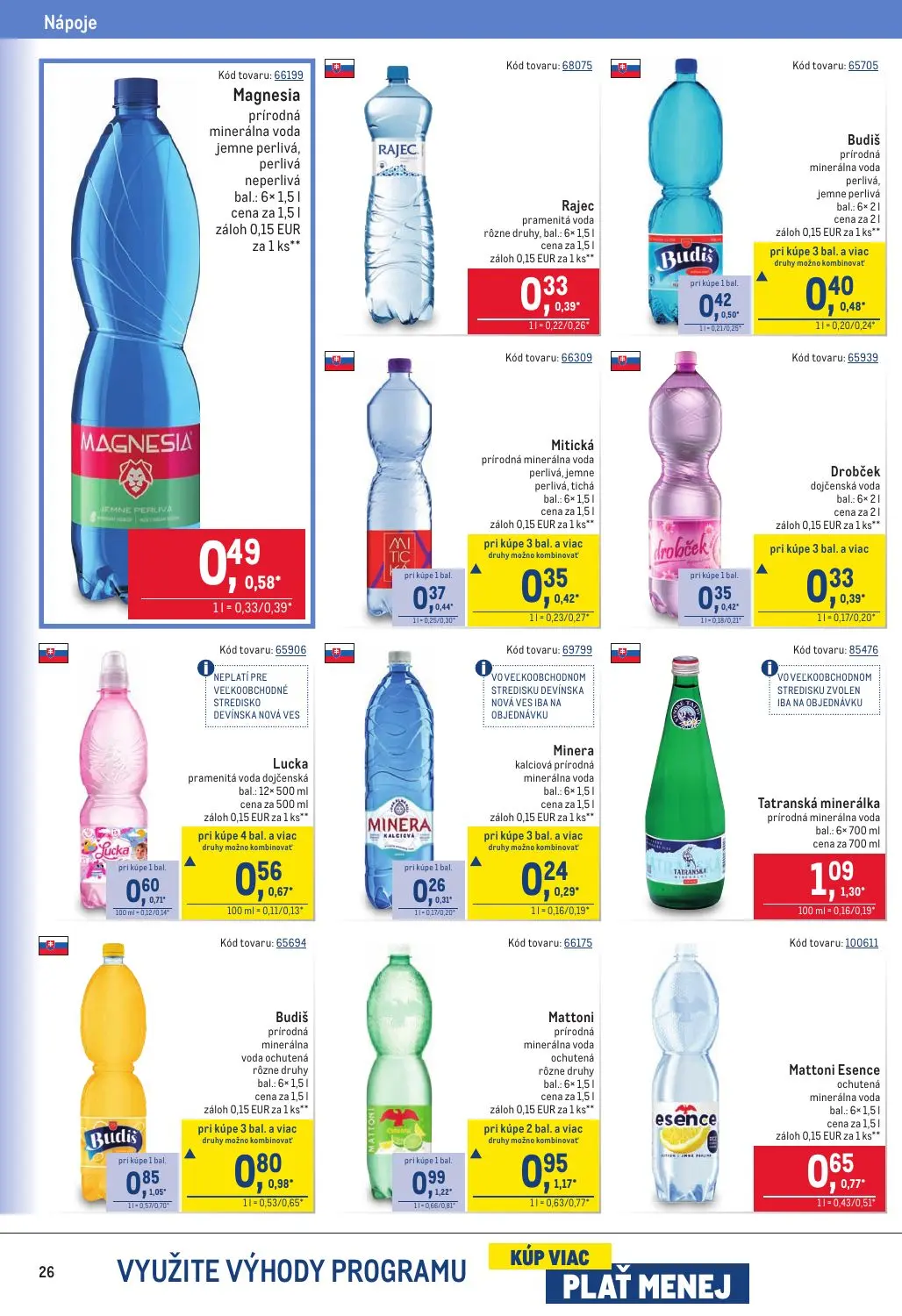 Metro leták, strana 26 z 40 — Mattoni prírodná minerálna voda ochutená rôzne druhy bal.: 6×1,5 l cena za 1,5 l záloh 0,15 EU…