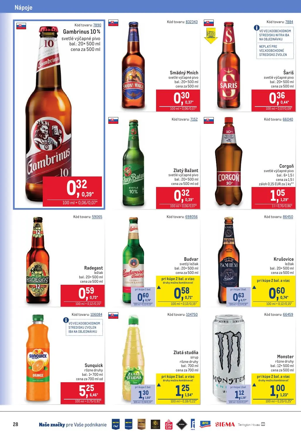 Metro leták, strana 28 z 40 — Monster rôzne druhy bal.: 12× 500 ml cena za 500 ml, Zlatá studňa sirup rôzne druhy bal.: 700 …