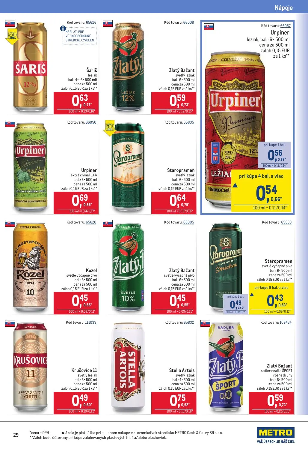 Metro leták, strana 29 z 40 — Staropramen svetlé výčapné pivo, Urpiner ležiak, Šariš ležiak