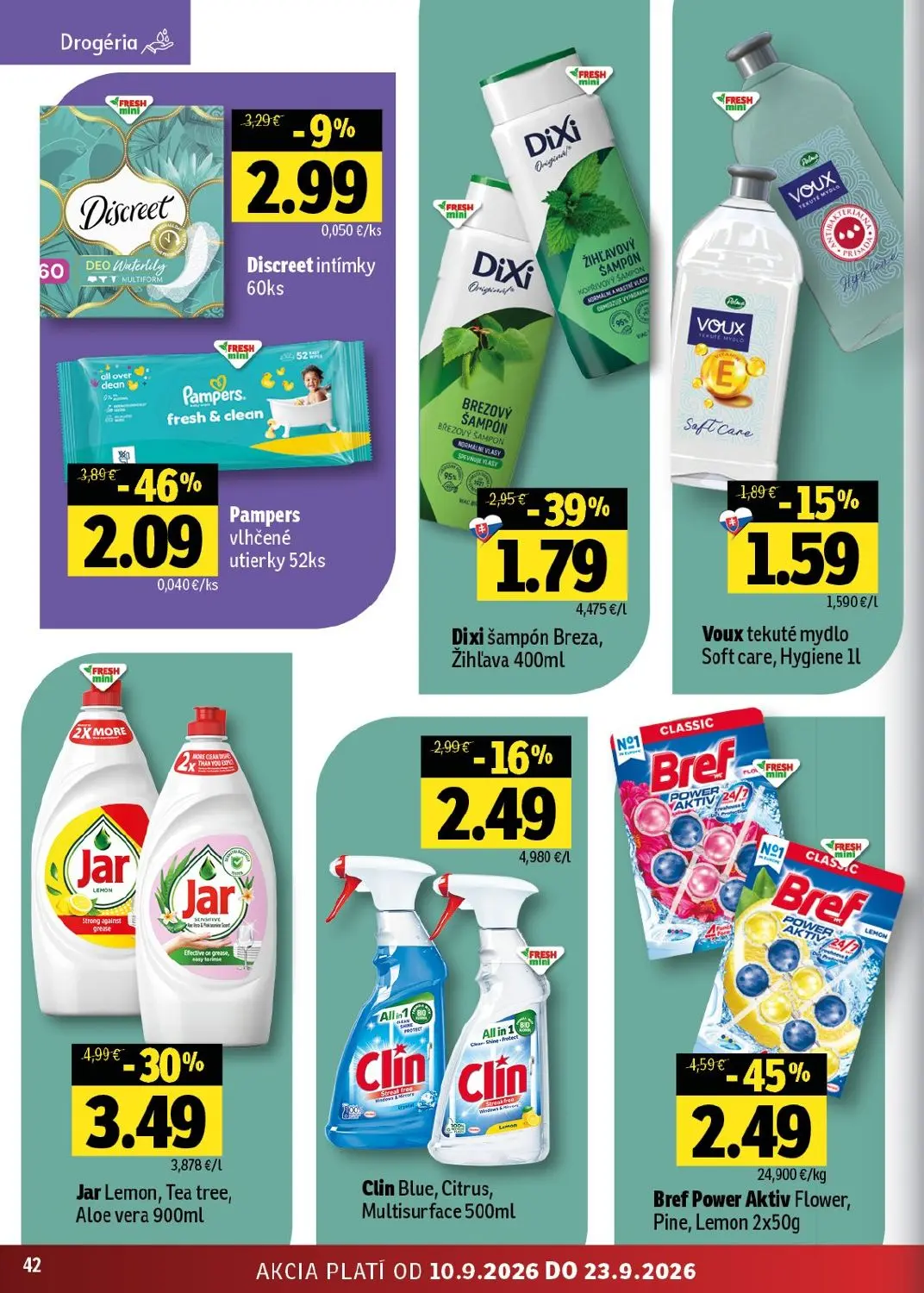 Fresh východ leták, strana 42 z 56 — Bref Power Aktiv Flower, Pine, Lemon, Pampers vlhčené utierky, Jar Lemon, Tea tree, Alo…