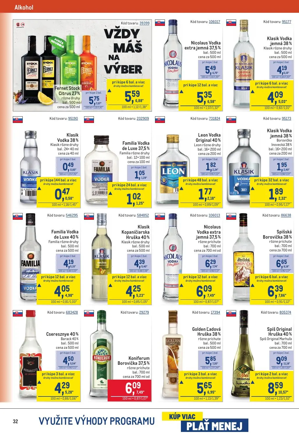 Metro leták, strana 32 z 40 — Spiš Original Hruška 40%, Spišská Borovička 38%, Cseresznye 40%