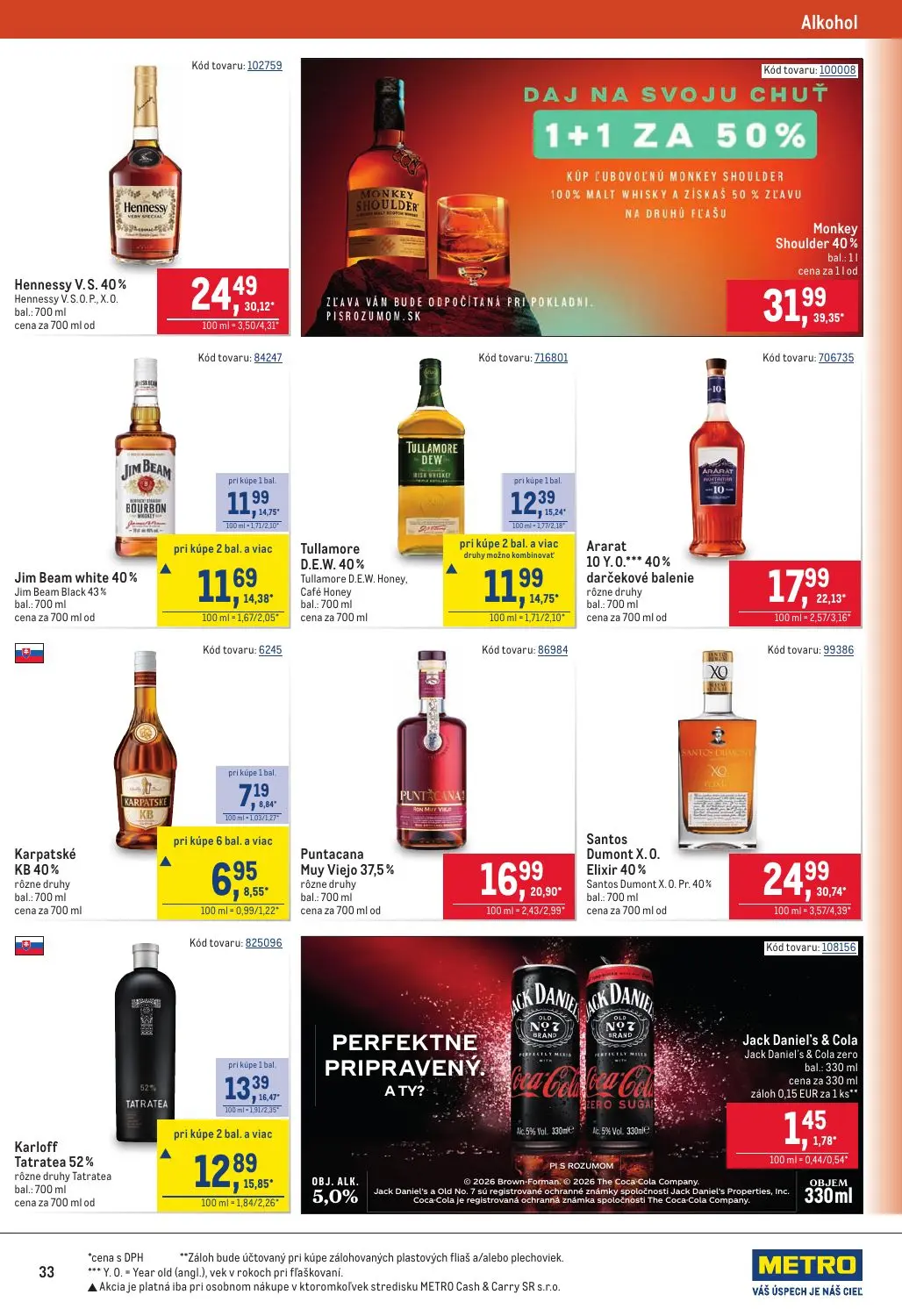 Metro leták, strana 33 z 40 — Monkey Shoulder 40%, Santos Dumont X.0. Elixir 40% Santos Dumont X. O. Pr. 40%, Hennessy V. S.…