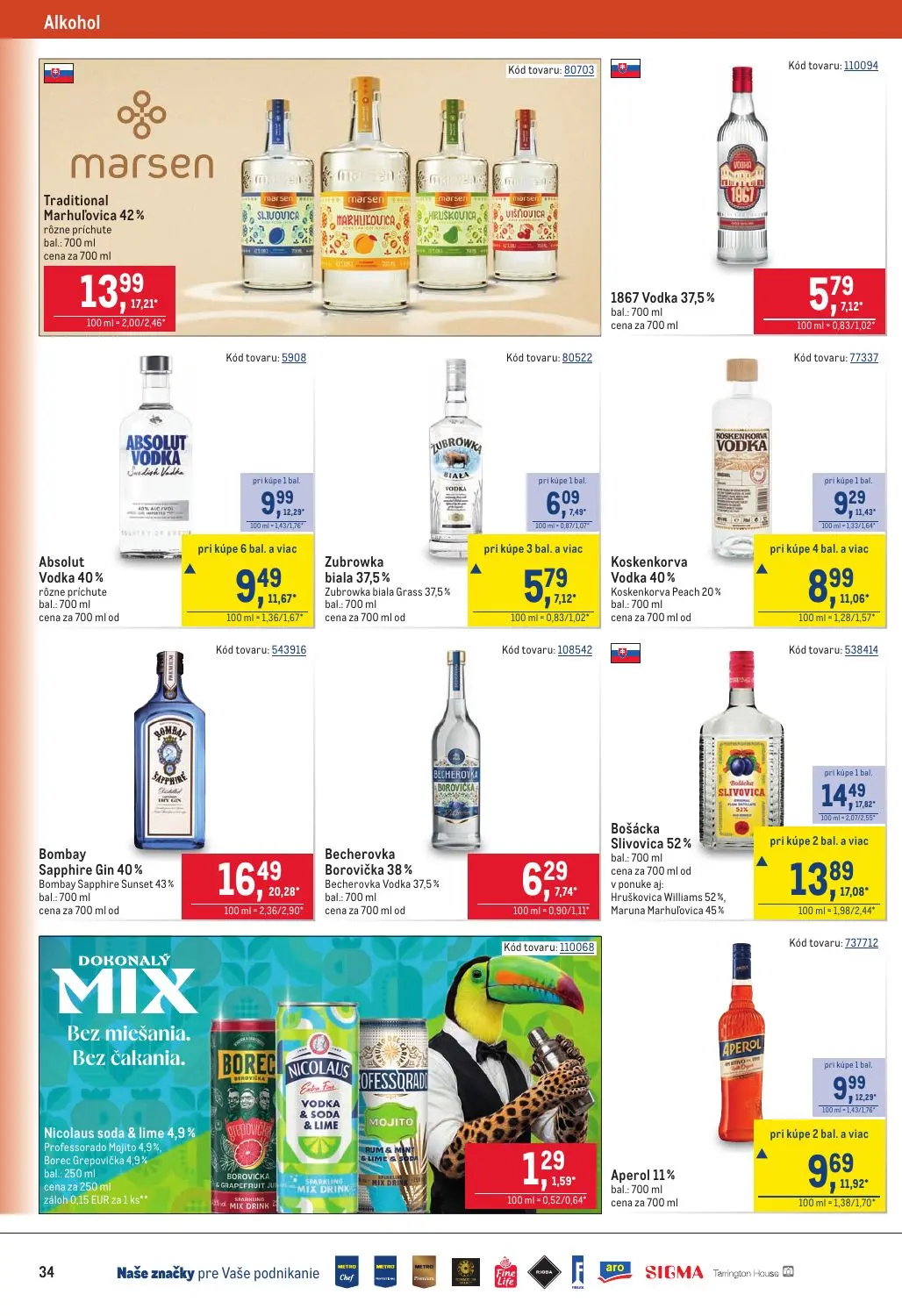 Metro leták, strana 34 z 40 — Bošácka Slivovica 52%, Bombay Sapphire Gin 40%, Traditional Marhuľovica 42%