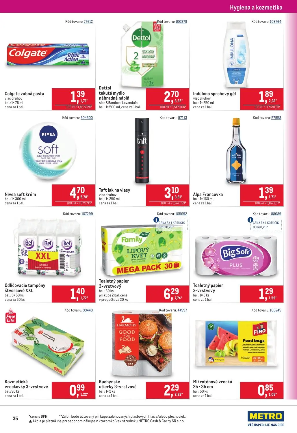 Metro leták, strana 35 z 40 — Colgate zubná pasta, Dettol tekuté mydlo náhradná náplň Aloe & Bamboo, Levanduľa, Indulona spr…