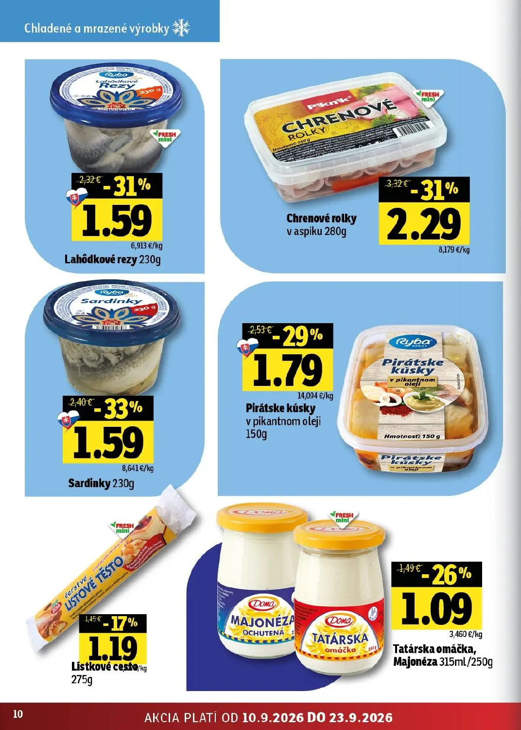 Fresh - západ leták, strana 10 z 50 — Chrenové rolky v aspiku, Sardinky, Pirátske kúsky v pikantnom oleji