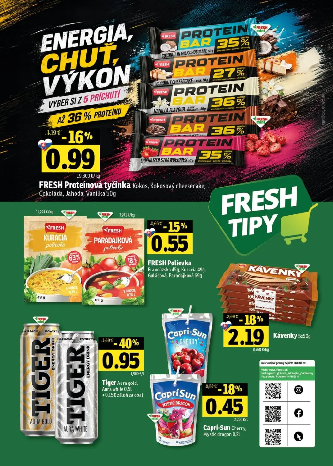 Fresh východ leták, strana 56 z 56 — Tiger Aura gold, Aura white, Kávenky, FRESH Proteínová tyčinka Kokos, Kokosový cheeseca…