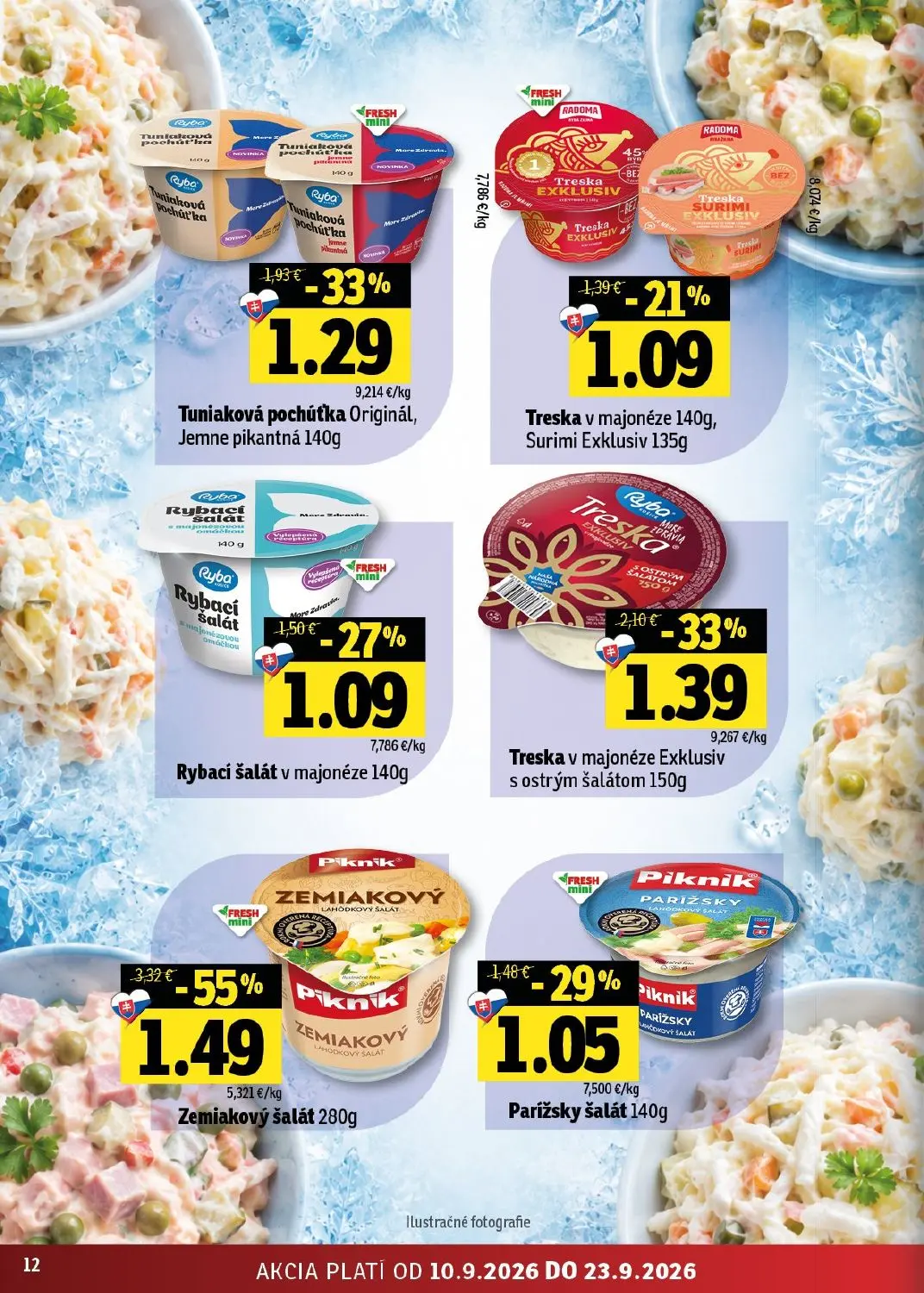 Fresh - západ leták, strana 12 z 50 — Zemiakový šalát, Treska v majonéze Exklusiv s ostrým šalátom, Tuniaková pochúťka Origi…