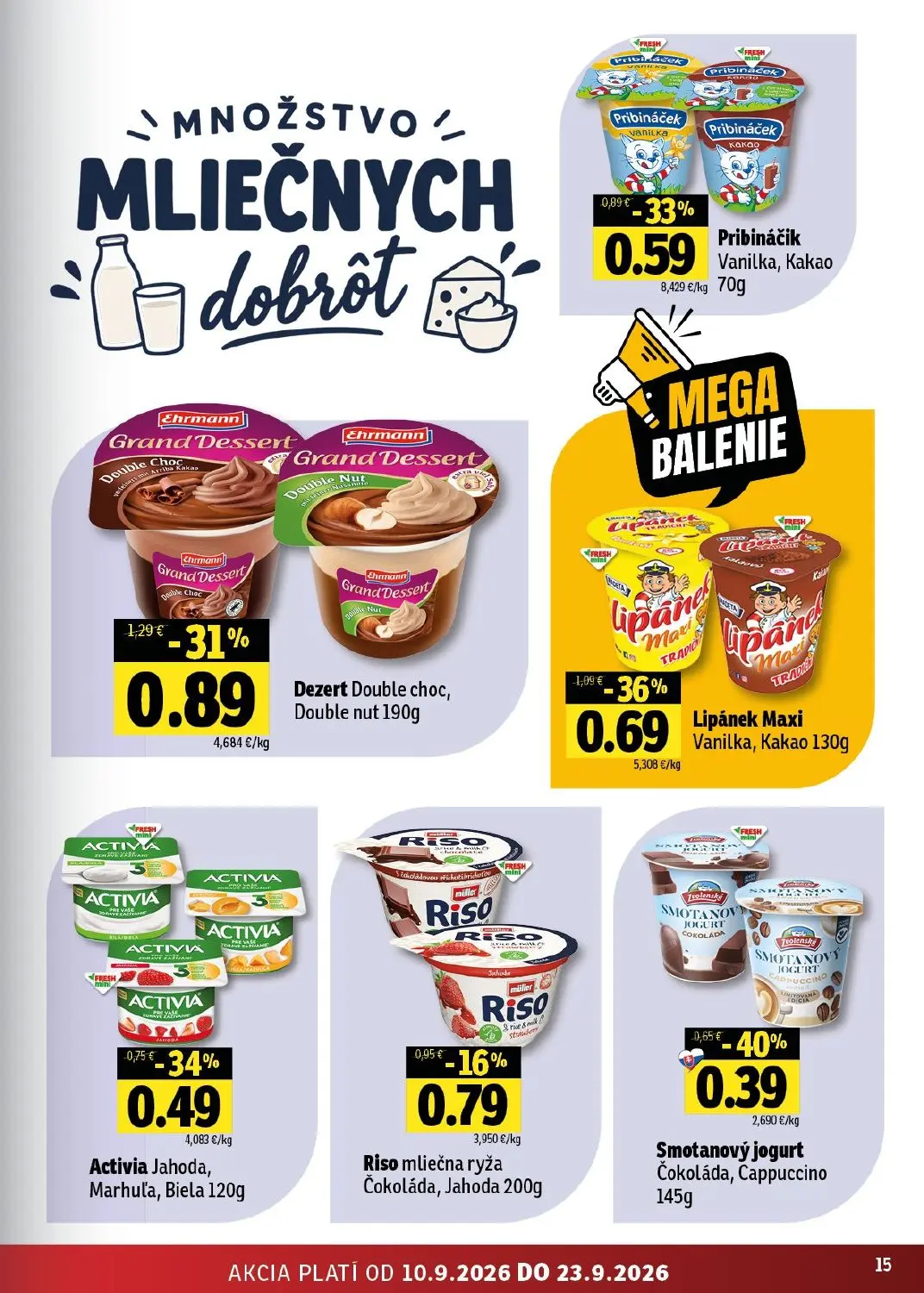 Fresh - západ leták, strana 15 z 50 — Dezert Double choc, Double nut, Lipánek Maxi Vanilka, Kakao, Pribináčik Vanilka, Kakao