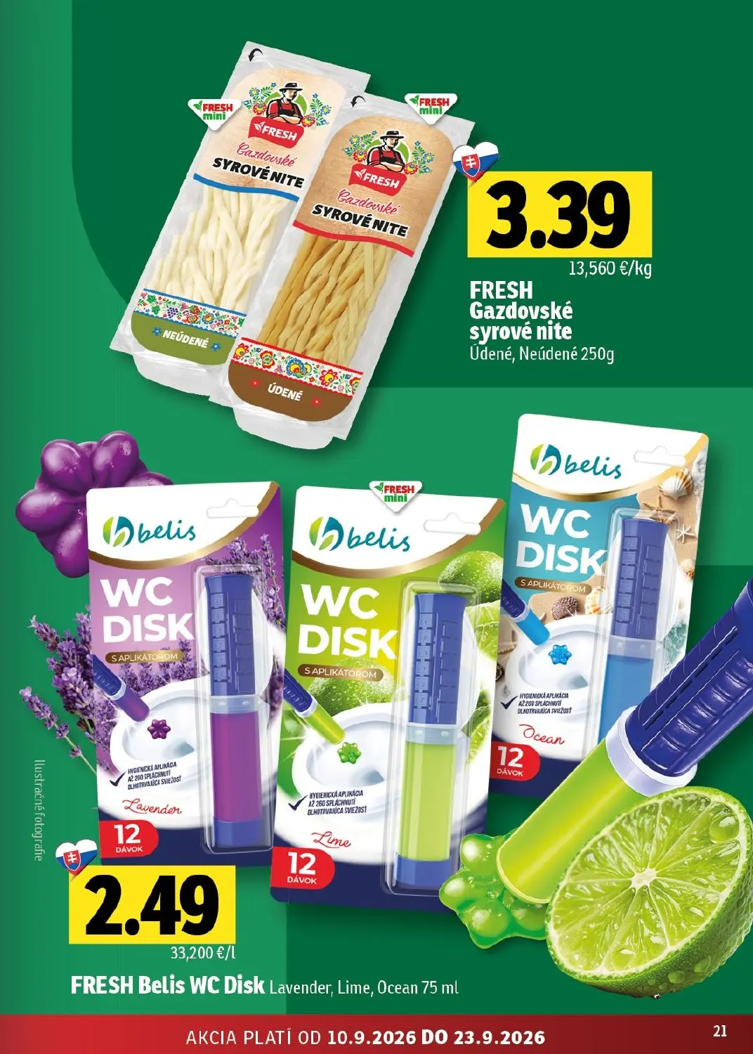 Fresh - západ leták, strana 21 z 50 — FRESH Gazdovské syrové nite Údené, Neúdené, FRESH Belis WC Disk Lavender, Lime, Ocean