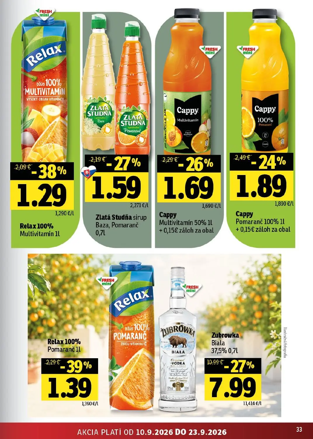 Fresh - západ leták, strana 33 z 50 — Zubrowka Biala, Relax 100% Pomaranč, Relax 100% Multivitamín