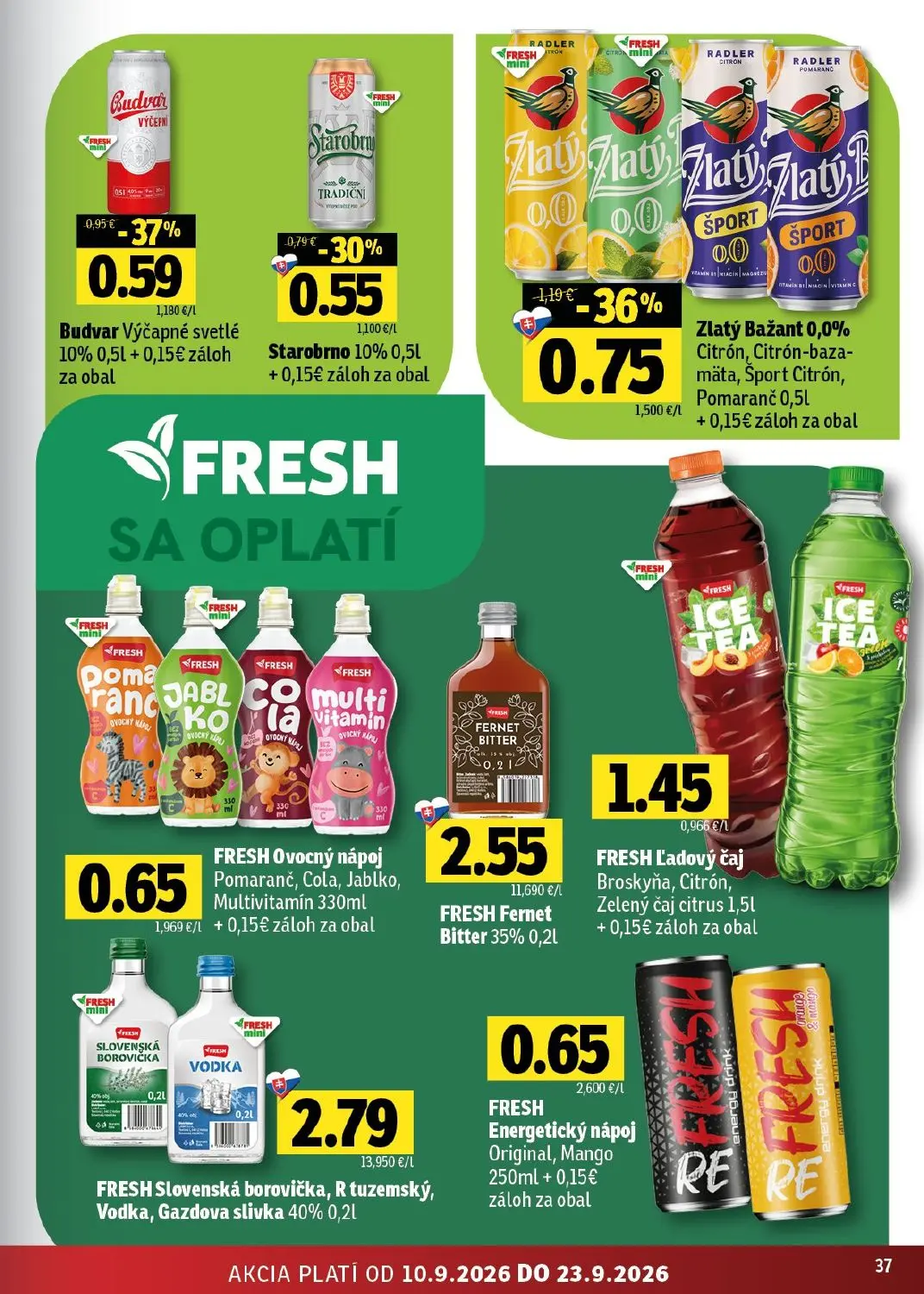 Fresh - západ leták, strana 37 z 50 — Zlatý Bažant 0,0% Citrón, Citrón-baza-mäta, Šport Citrón, Pomaranč, Budvar Výčapné sve…