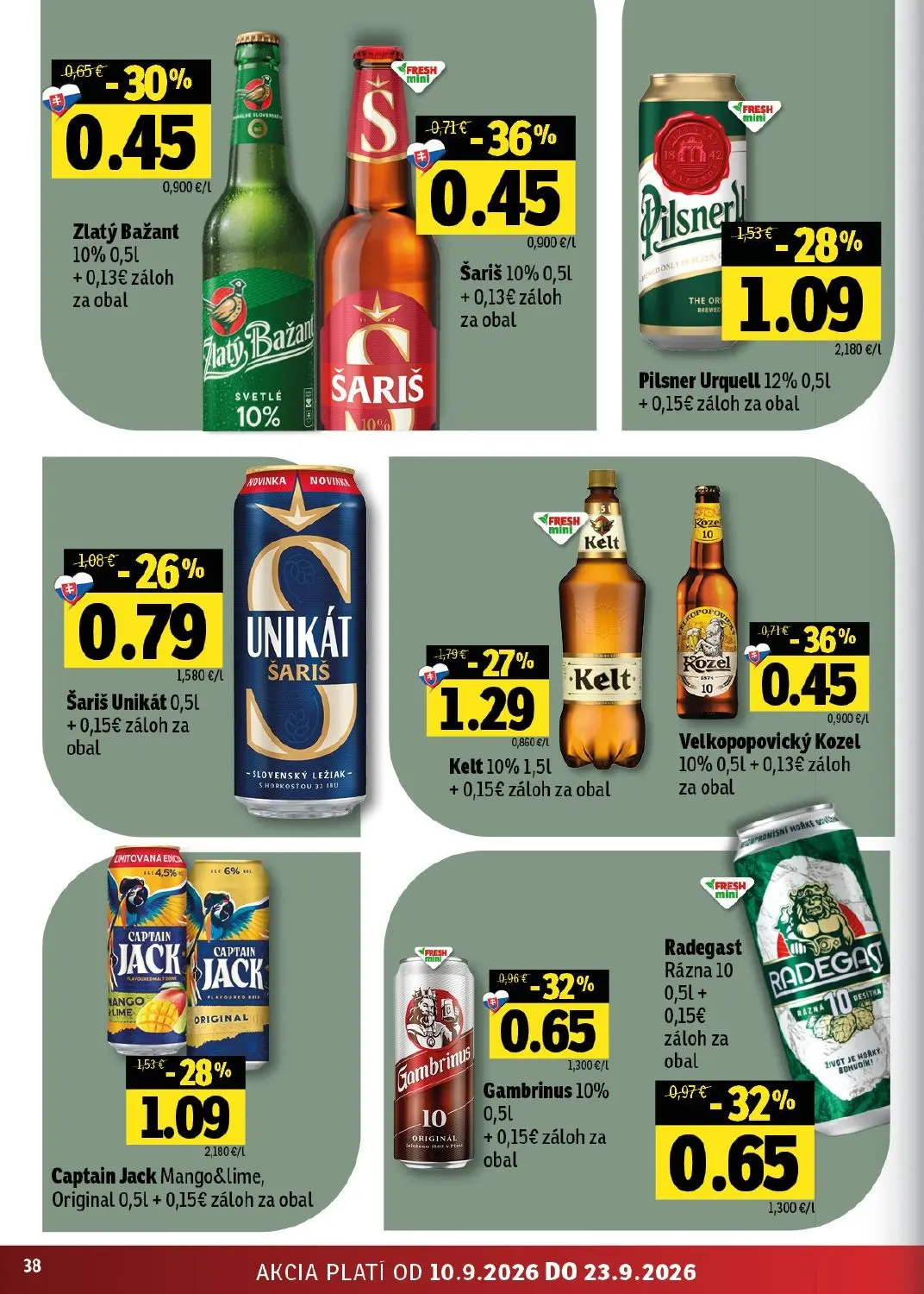 Fresh - západ leták, strana 38 z 50 — Kelt, Pilsner Urquell, Captain Jack Mango&lime, Original