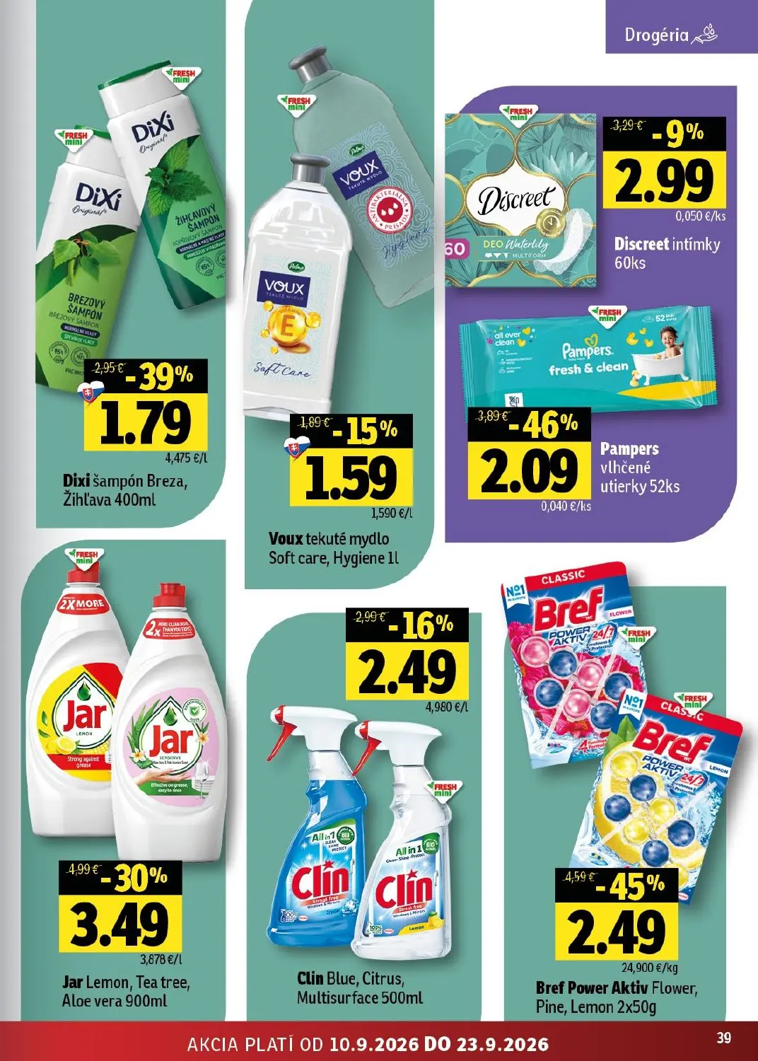 Fresh - západ leták, strana 39 z 50 — Bref Power Aktiv Flower, Pine, Lemon, Pampers vlhčené utierky, Jar Lemon, Tea tree, Al…
