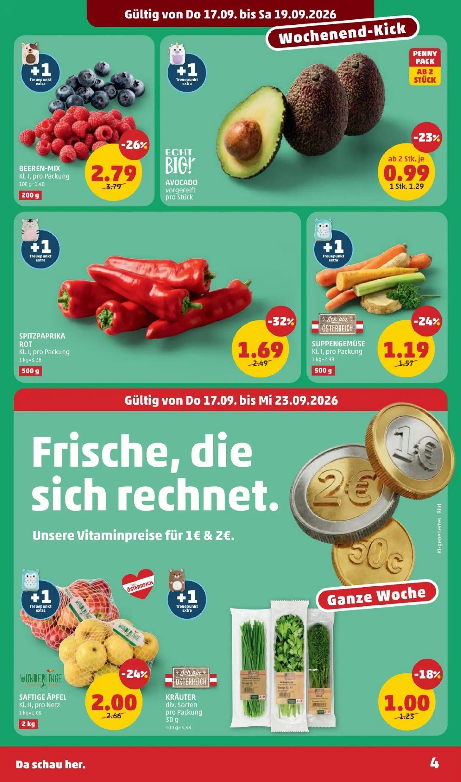 PENNY Prospekt, Seite 4 von 28 — BEEREN-MIX KL. I, pro Packung, SPITZPAPRIKA ROT Kl. I, pro Packung, WUNDERLINGE SAFTIGE ÄPF…