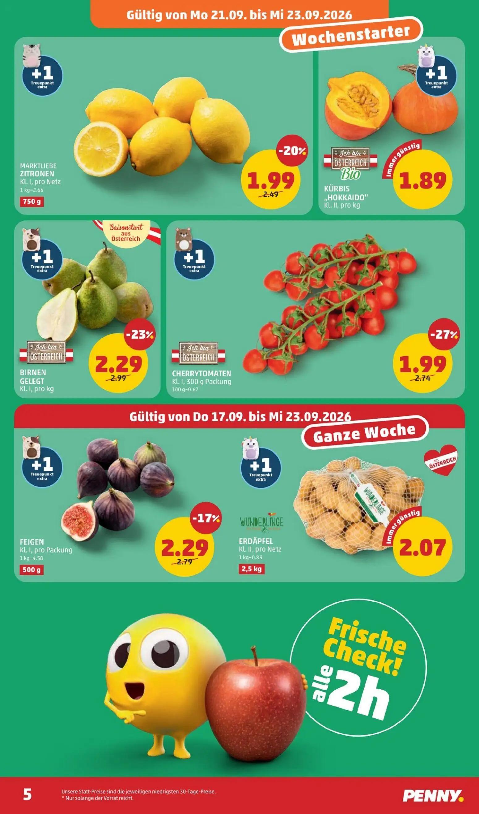 PENNY Prospekt, Seite 5 von 28 — CHERRYTOMATEN Kl. 1, 300 g Packung, BIRNEN GELEGT Kl. I, pro kg, MARKTLEBE ZITRONEN Kl. I, …