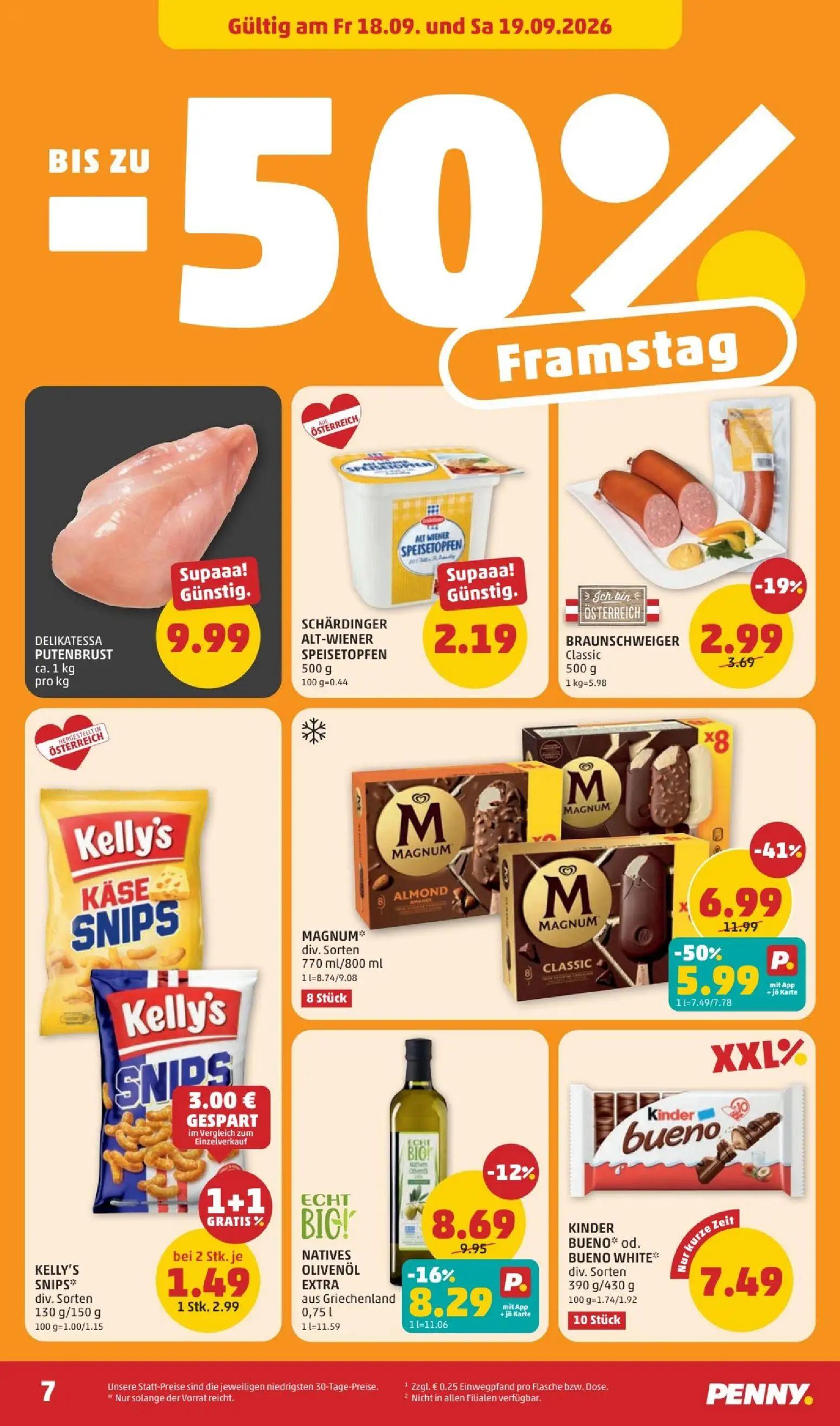PENNY Prospekt, Seite 7 von 28 — MAGNUM div. Sorten, NATIVES OLIVENÖL EXTRA aus Griechenland, BRAUNSCHWEIGER Classic