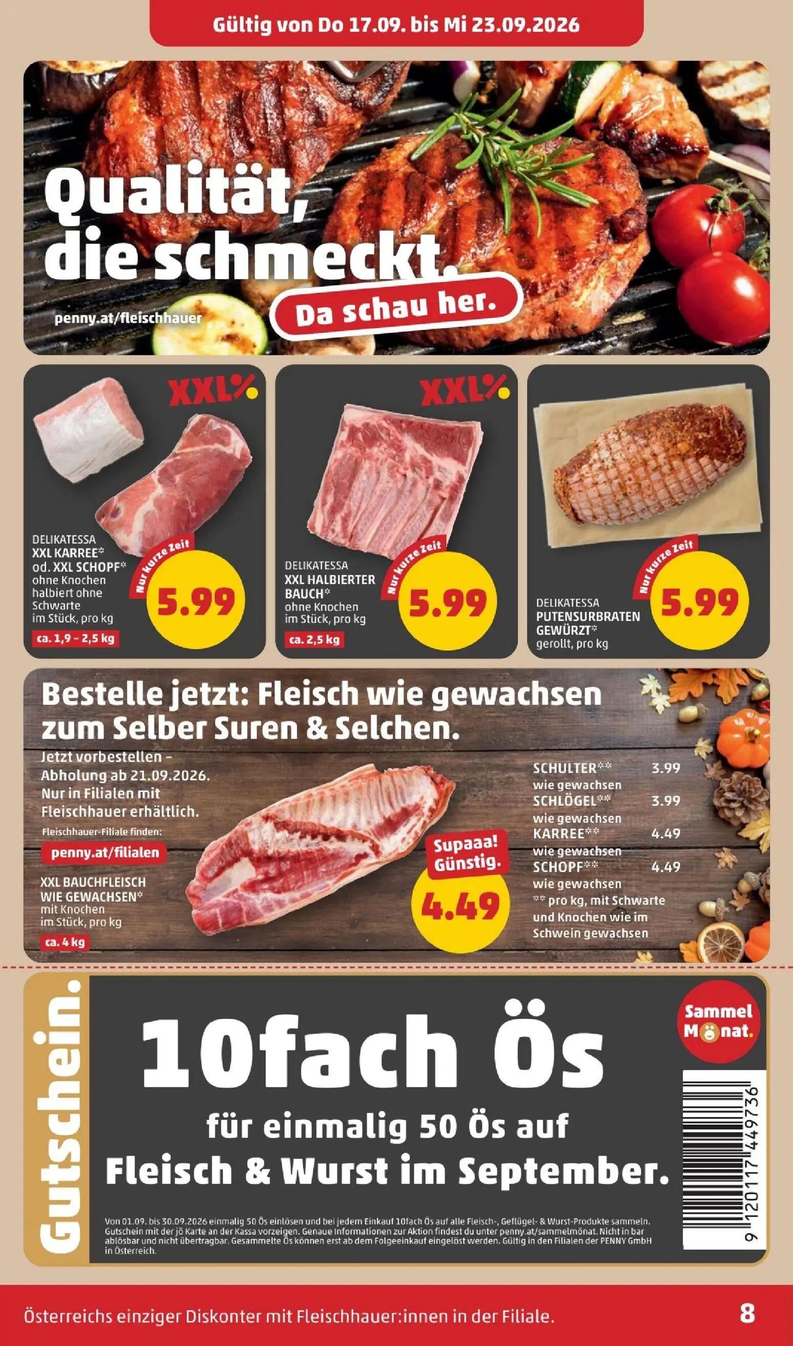 PENNY Prospekt, Seite 8 von 28 — DELIKATESSA XXL KARREE* od. XXL SCHOPF** ohne Knochen halbiert ohne Schwarte im Stück, DELI…