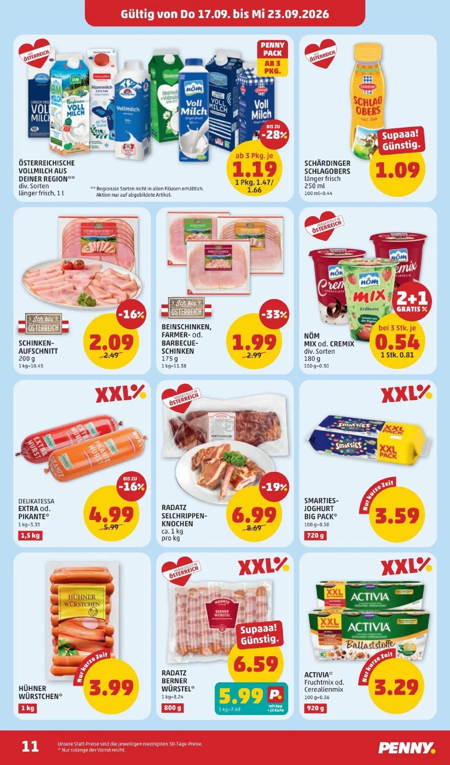 PENNY Prospekt, Seite 11 von 28 — RADATZ SELCHRIPPEN-KNOCHEN, RADATZ BERNER WÜRSTEL*, BEINSCHINKEN, FARMER-od. BARBECUE-SCHI…
