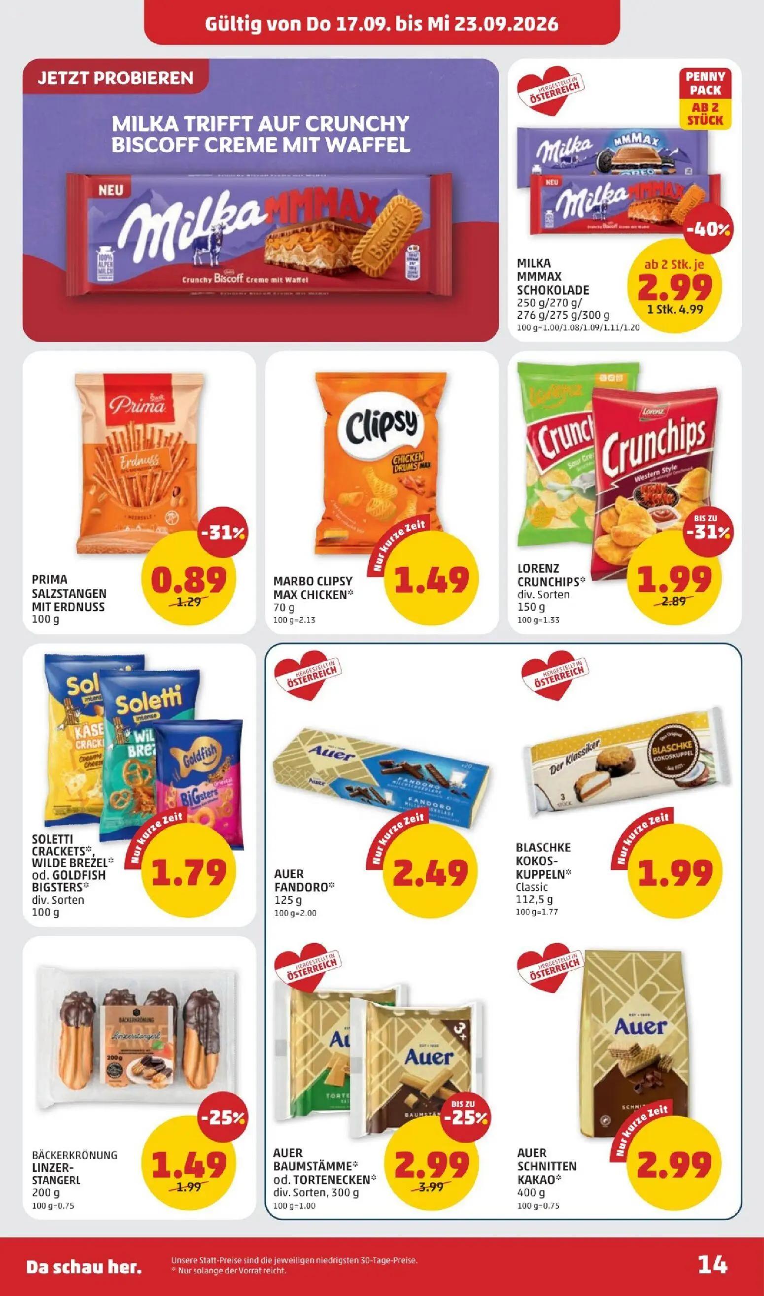 PENNY Prospekt, Seite 14 von 28 — MILKA MMMAX SCHOKOLADE, AUER BAUMSTÄMME od. TORTENECKEN, LORENZ CRUNCHIPS