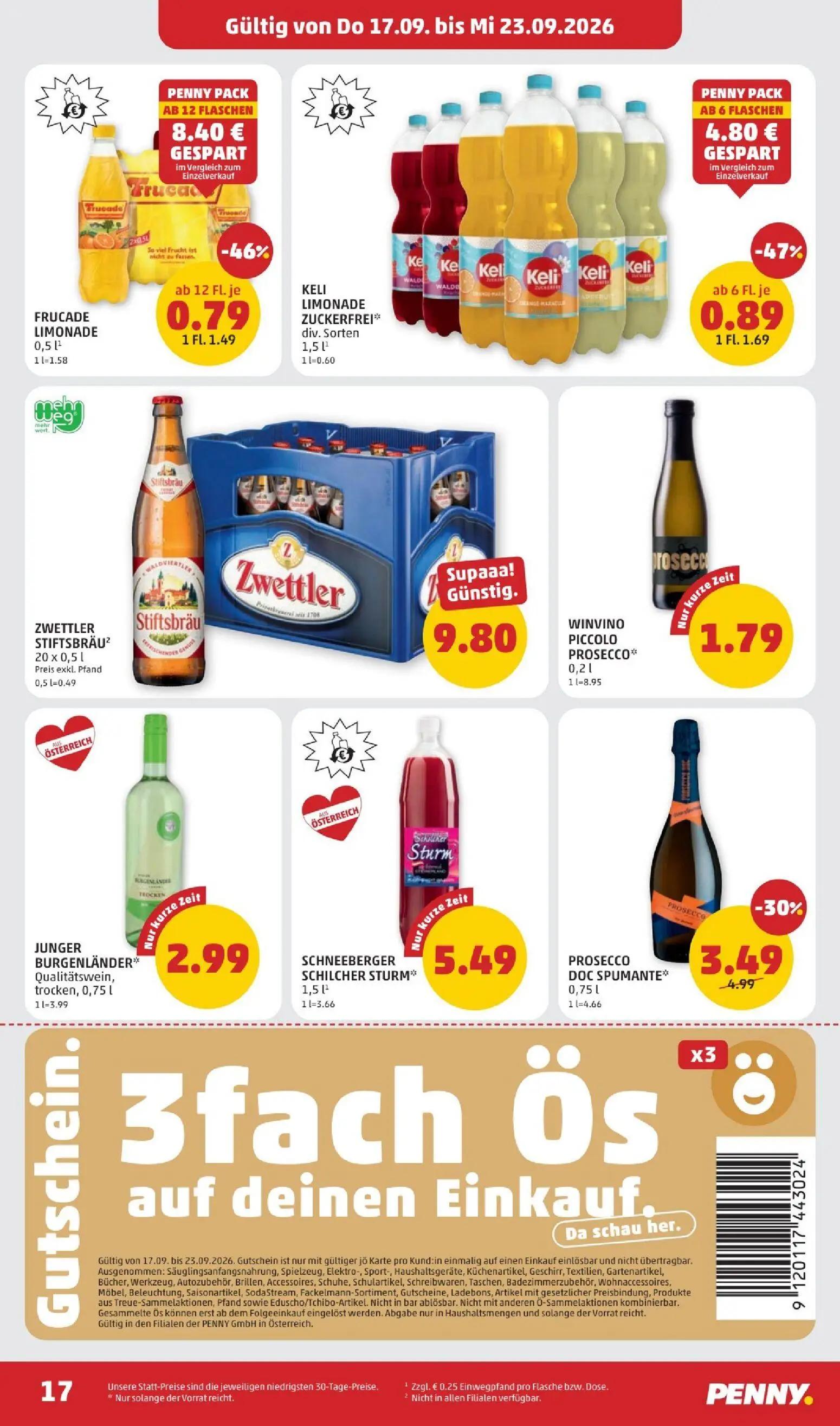 PENNY Prospekt, Seite 17 von 28 — PROSECCO DOC SPUMANTE, KELI LIMONADE ZUCKERFREI div. Sorten, FRUCADE LIMONADE