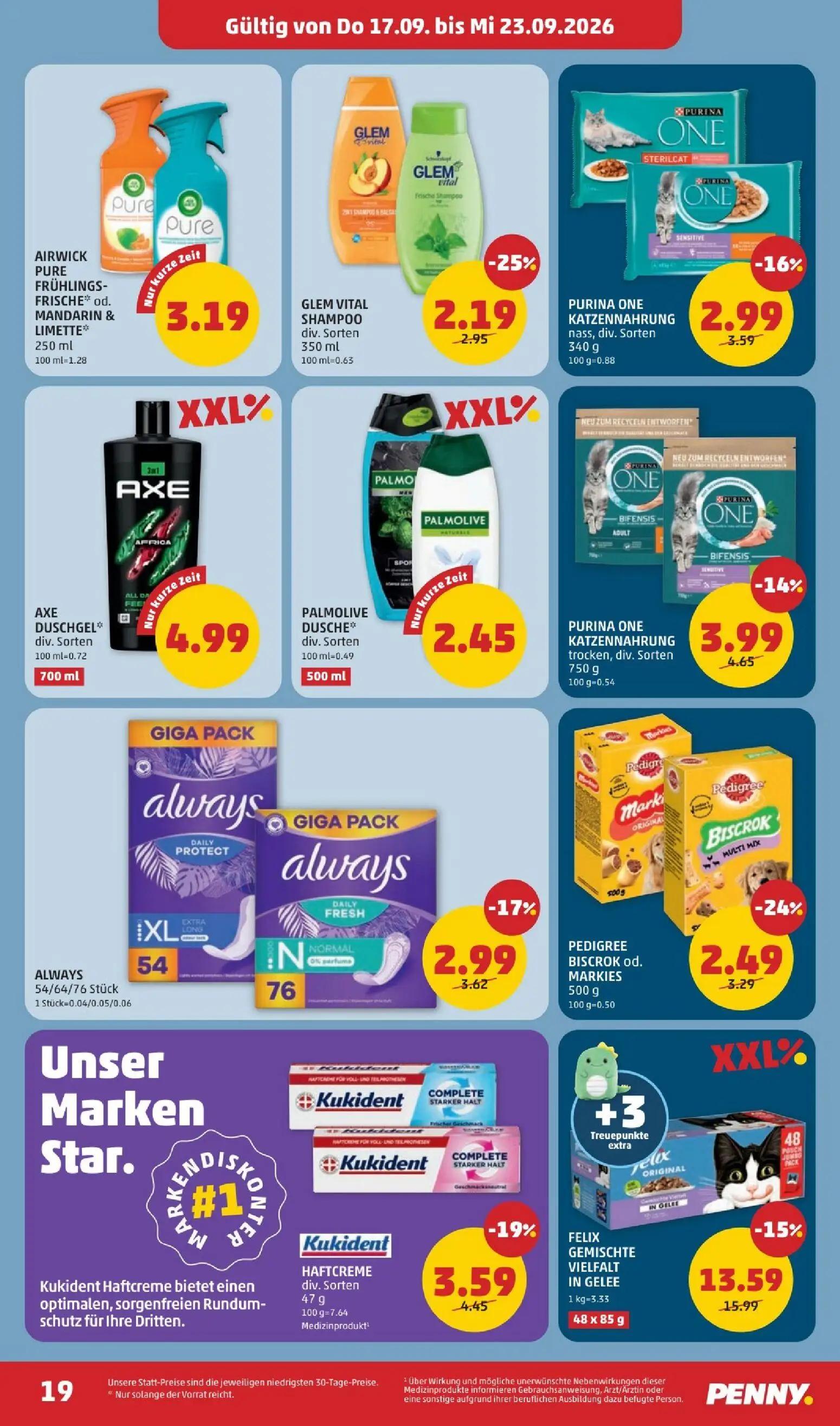 PENNY Prospekt, Seite 19 von 28 — FELIX GEMISCHTE VIELFALT IN GELEE, Kukident HAFTCREME div. Sorten, PEDIGREE BISCROK od. MA…