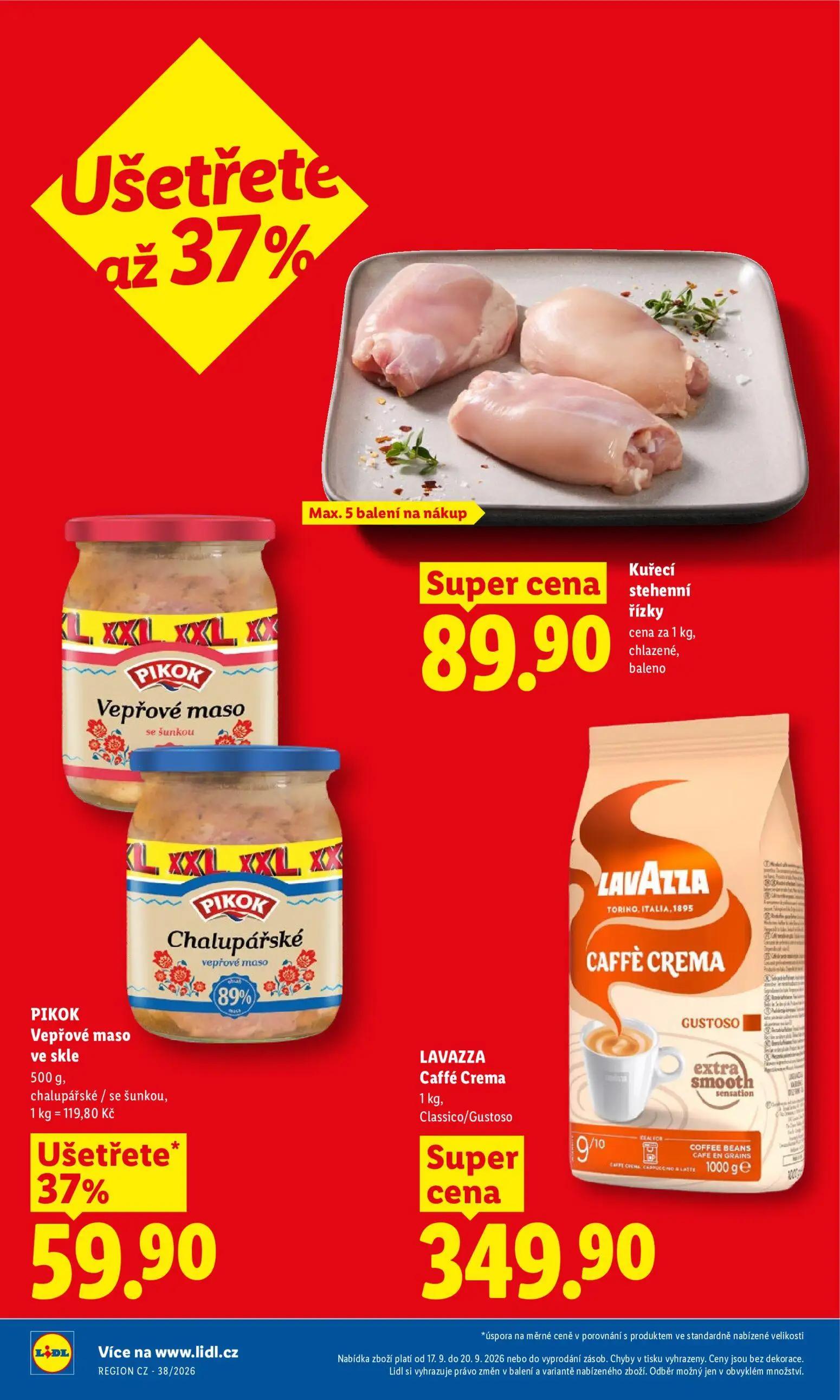 Lidl leták, strana 2 z 42 — PIKOK Vepřové maso ve skle, Kuřecí stehenní řízky, LAVAZZA Caffé Crema Classico/Gustoso
