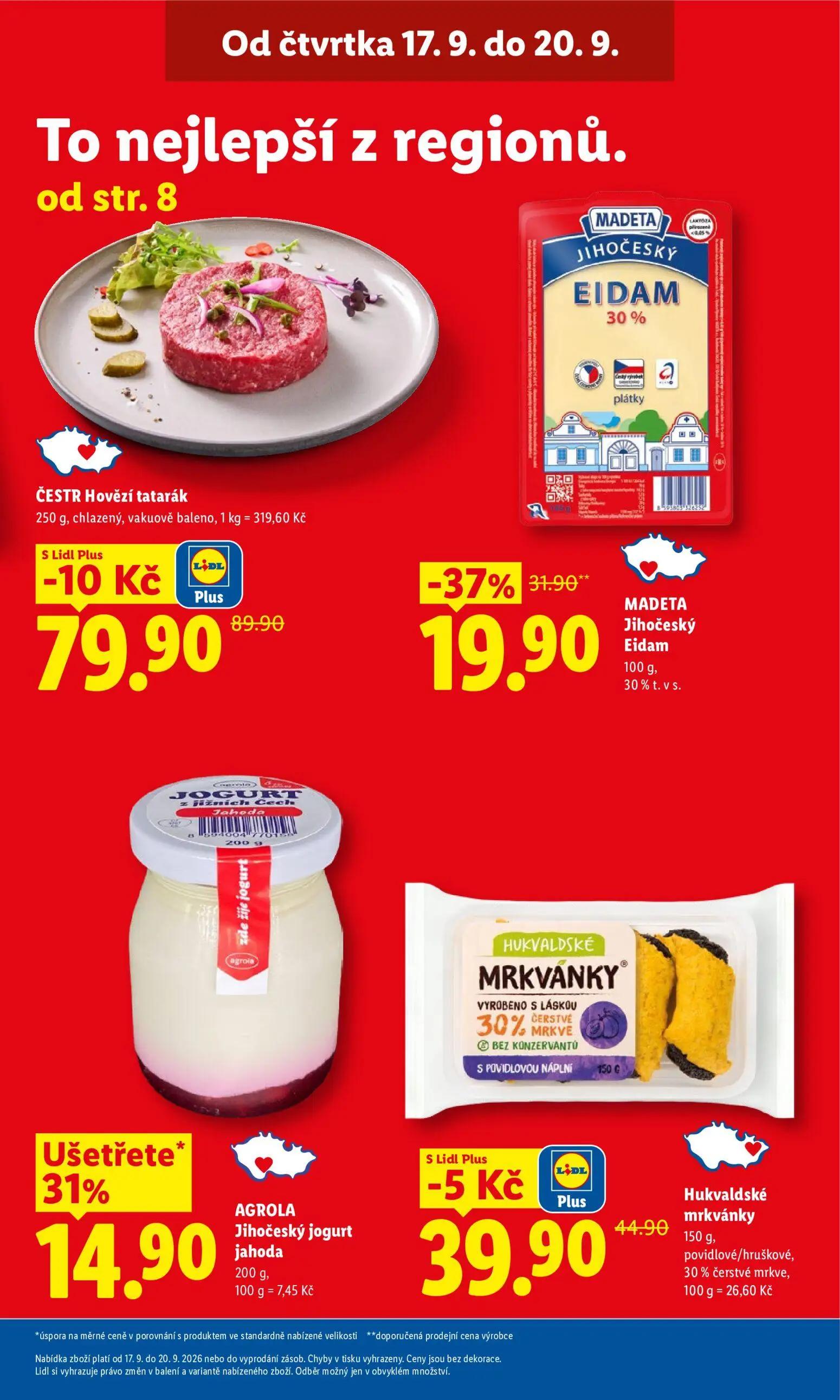 Lidl leták, strana 3 z 42 — MADETA Jihočeský Eidam, ČESTR Hovězí tatarák, AGROLA Jihočeský jogurt jahoda