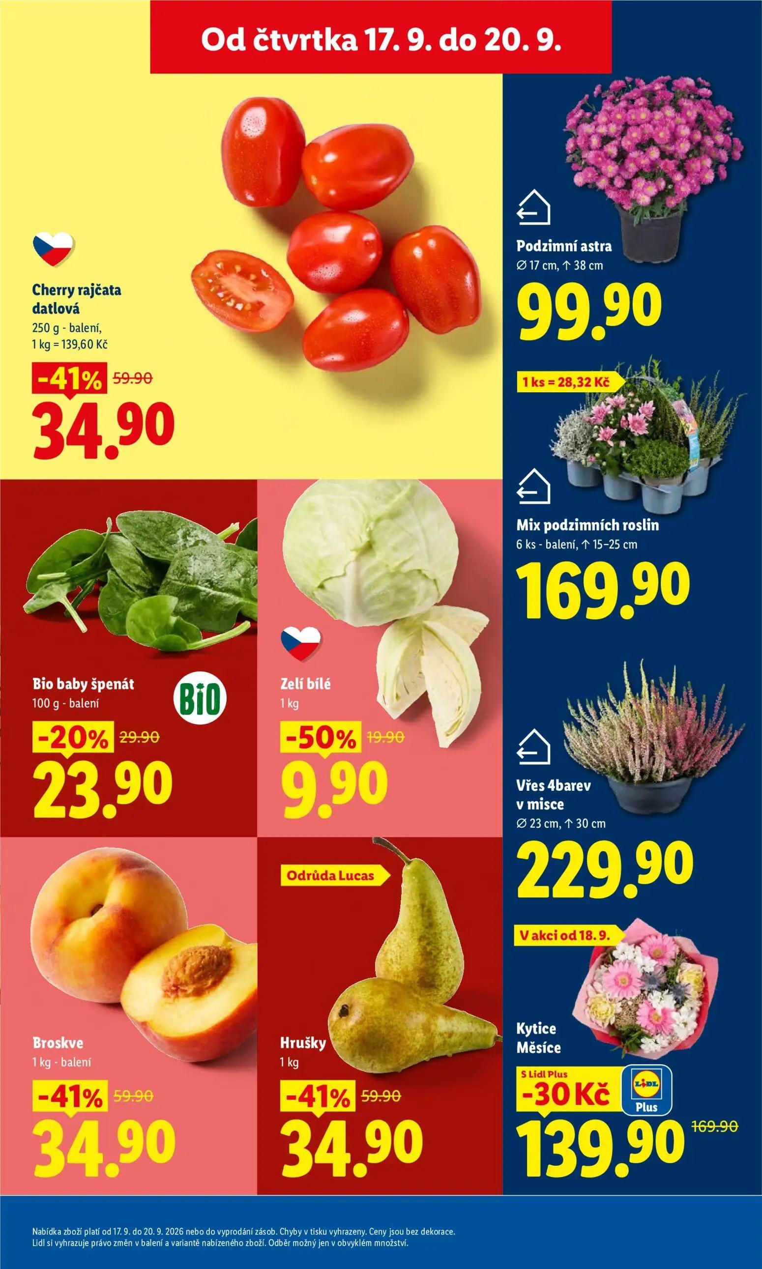 Lidl leták, strana 9 z 42 — Kytice Měsíce, Cherry rajčata datlová, Broskve