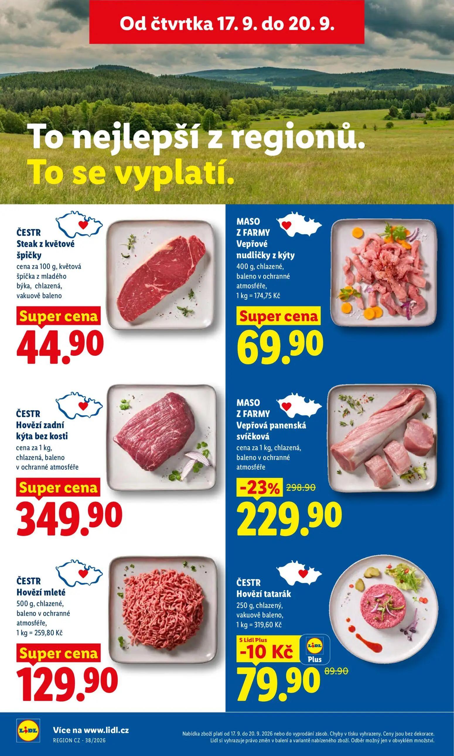 Lidl leták, strana 12 z 42 — MASO Z FARMY Vepřová panenská svíčková, ČESTR Hovězí tatarák, ČESTR Steak z květové špičky
