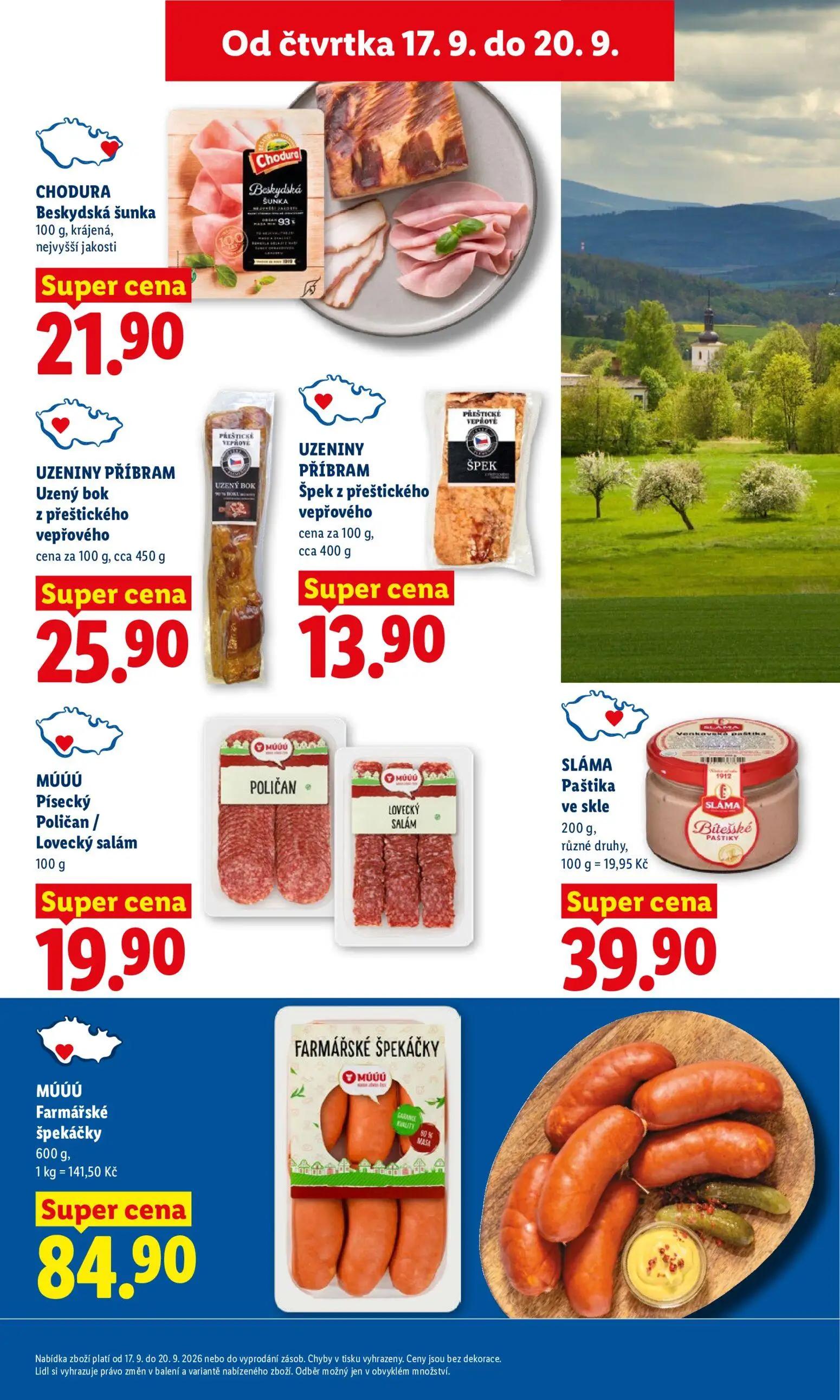Lidl leták, strana 13 z 42 — CHODURA Beskydská šunka, UZENINY PŘÍBRAM Uzený bok z přeštického vepřového, UZENINY PŘÍBRAM Špe…