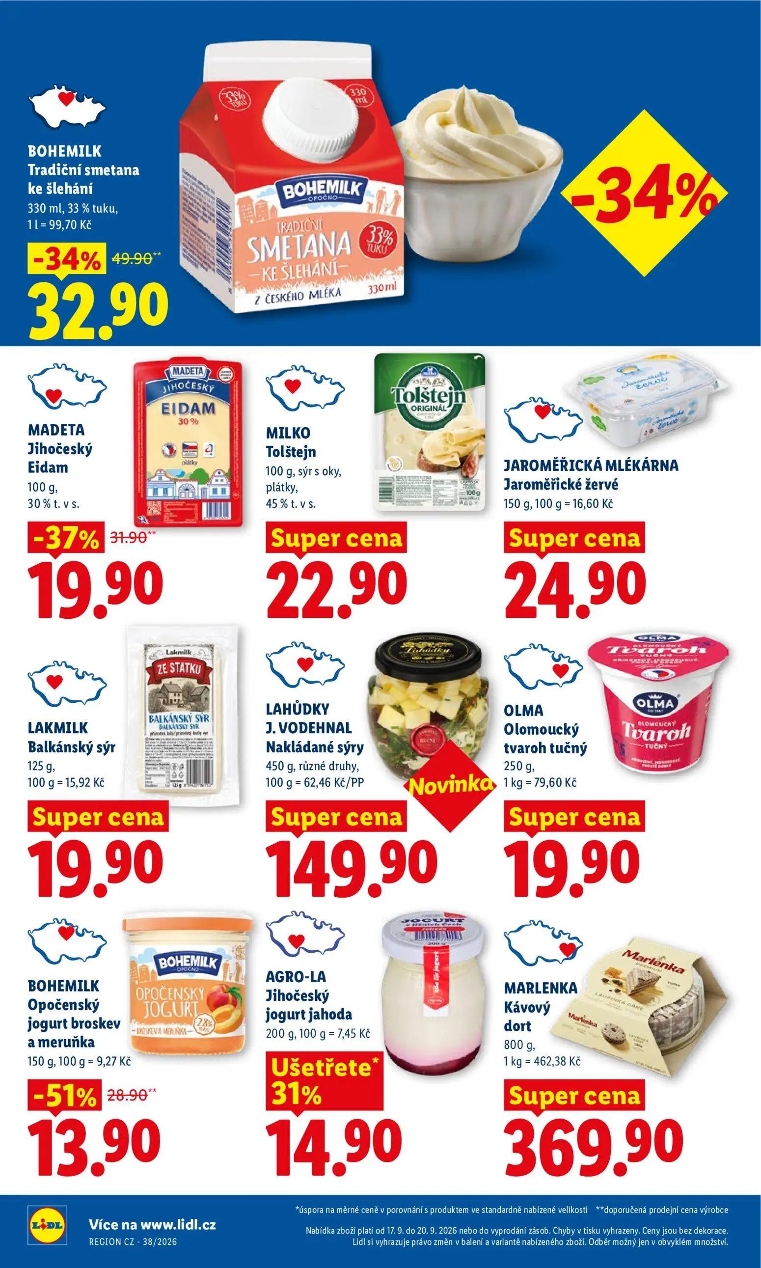 Lidl leták, strana 14 z 42 — BOHEMILK Tradiční smetana ke šlehání, BOHEMILK Opočenský jogurt broskev a meruňka, MADETA Jihoč…