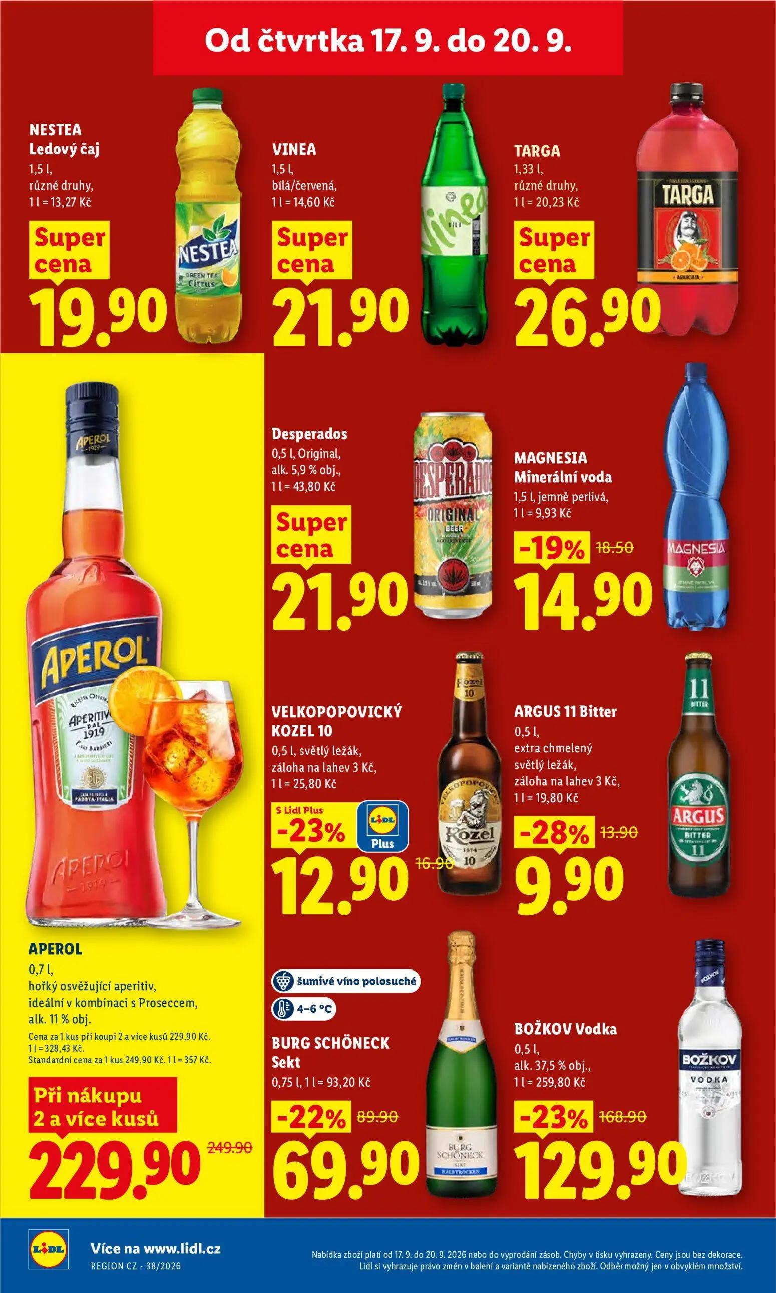 Lidl leták, strana 20 z 42 — BOŽKOV Vodka, alk. 37,5 % obj., APEROL, hořký osvěžující aperitiv, ideální v kombinaci s Prosec…